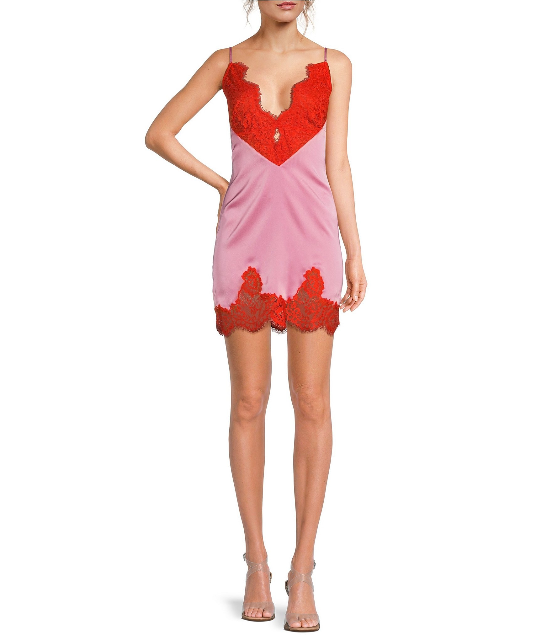 RONNY KOBO Nyko Lace Charmeuse V-Neck Sleeveless Mini Slip