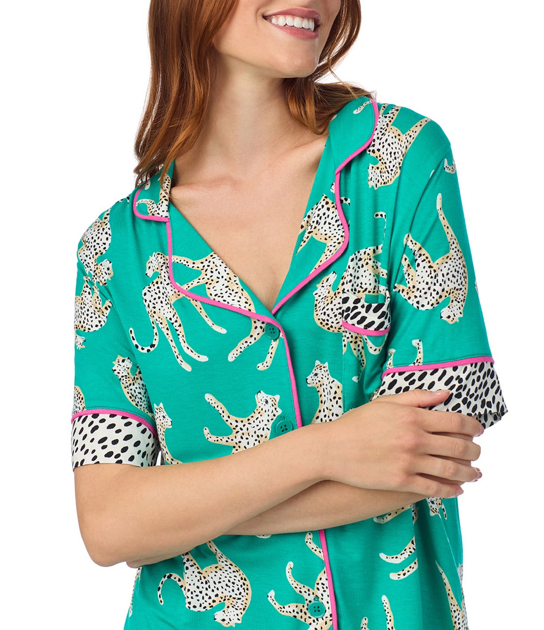 Room Service Cheetah Print Short Sleeve Notch Collar Knit Pajama Set