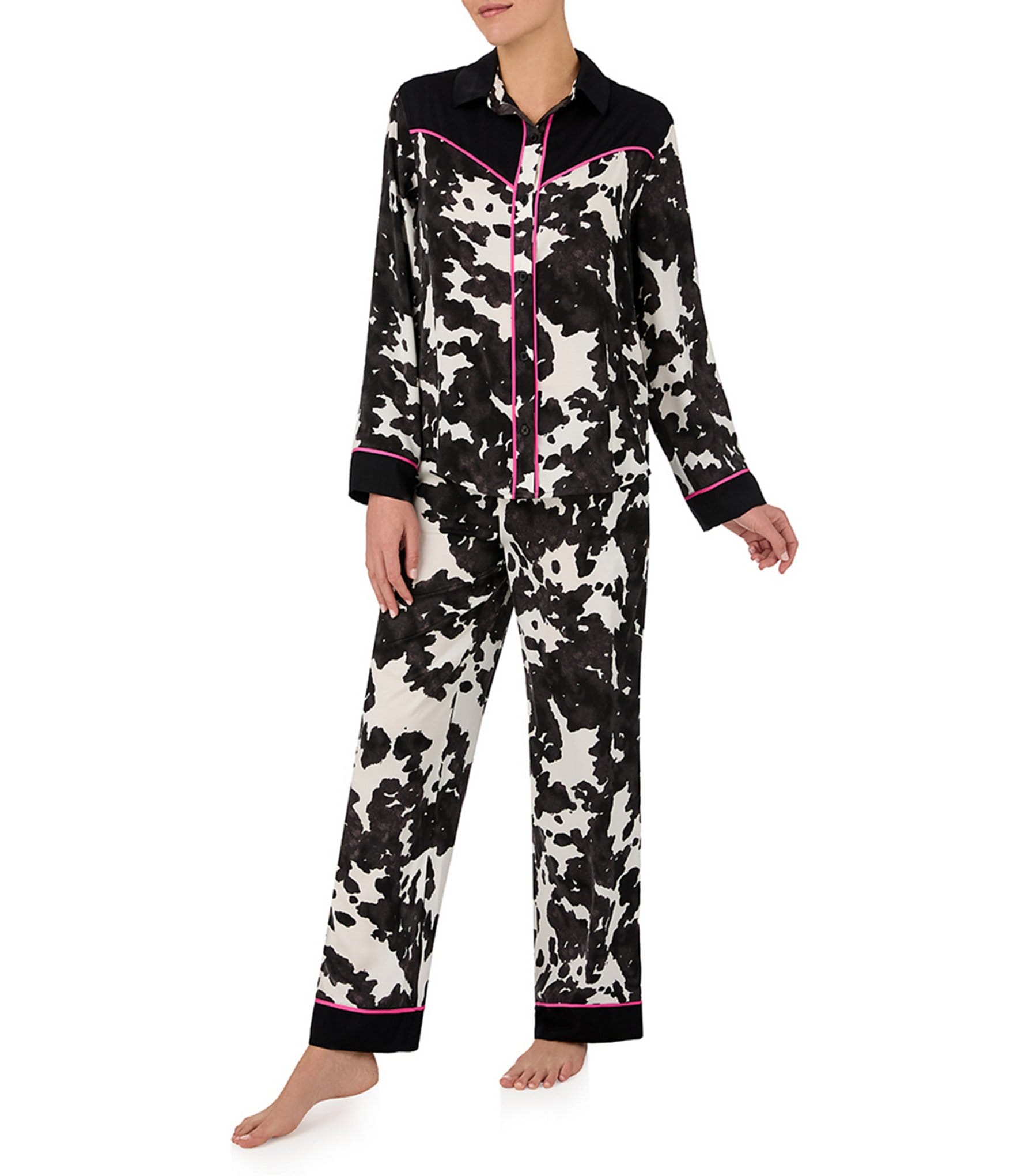 Room Service Cow Print Long Sleeve Notch Collar Satin Pant Pajama Set