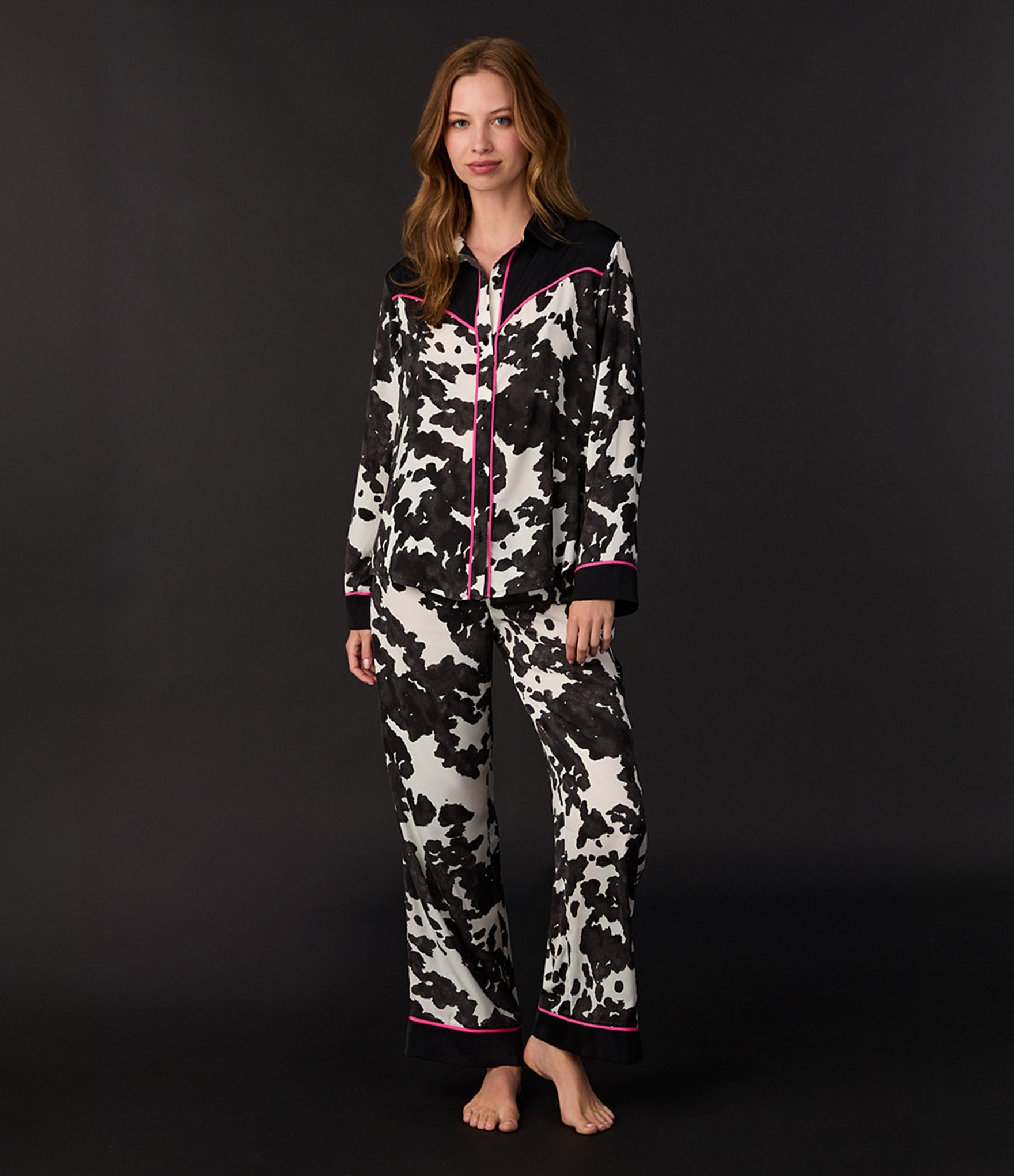 Room Service Cow Print Long Sleeve Notch Collar Satin Pant Pajama Set