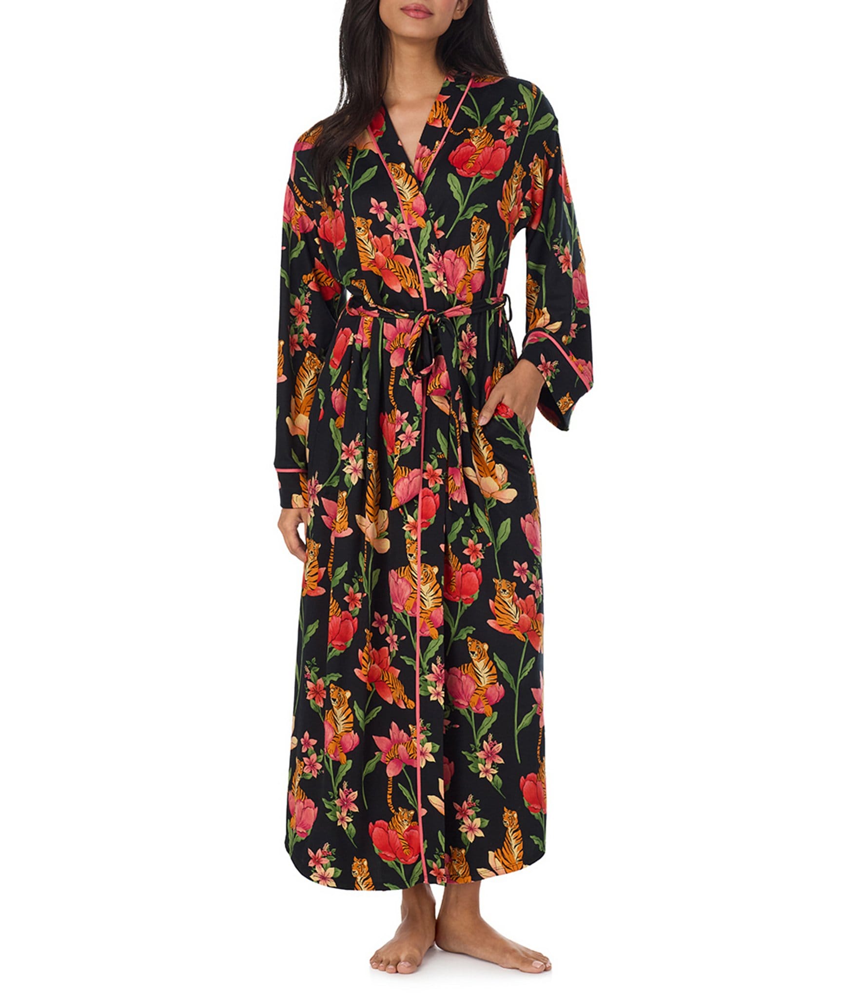 Room Service Floral Print Long Sleeve V Neck Jersey Knit Long Maxi Robe