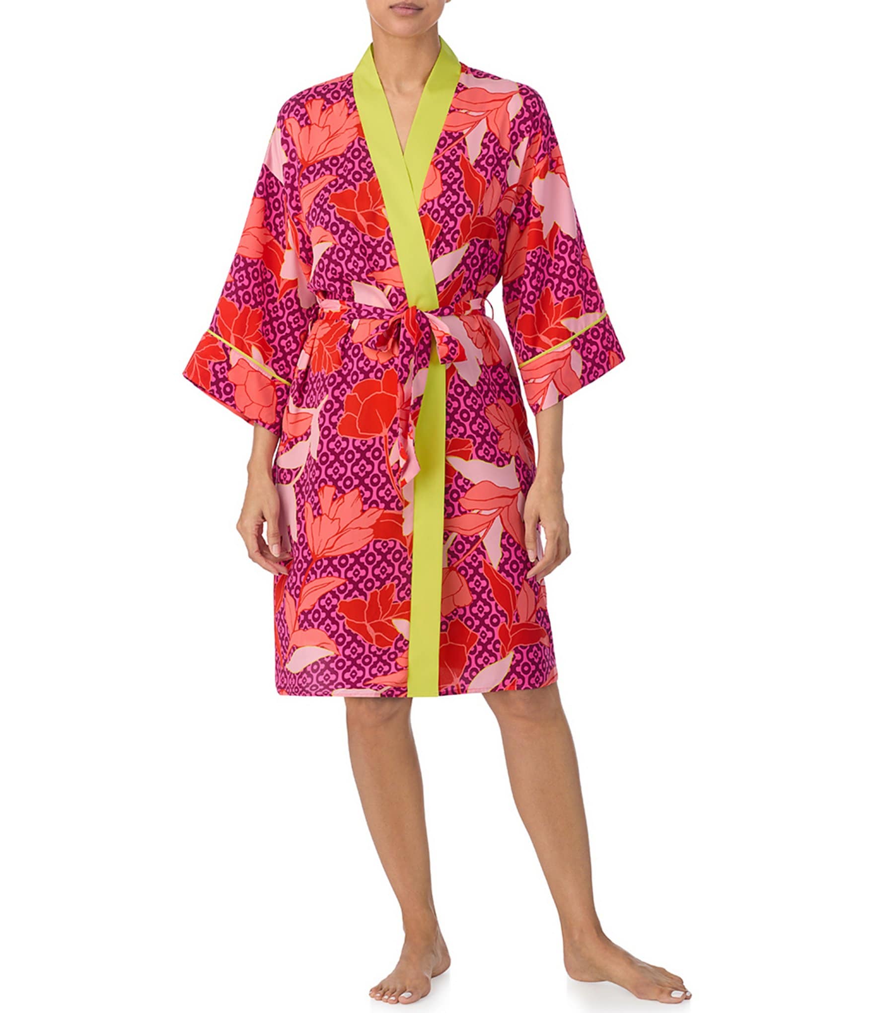 Room Service Floral Print Shawl Collar 3/4 Sleeve Satin Side Pocket Tie Waist Short Robe