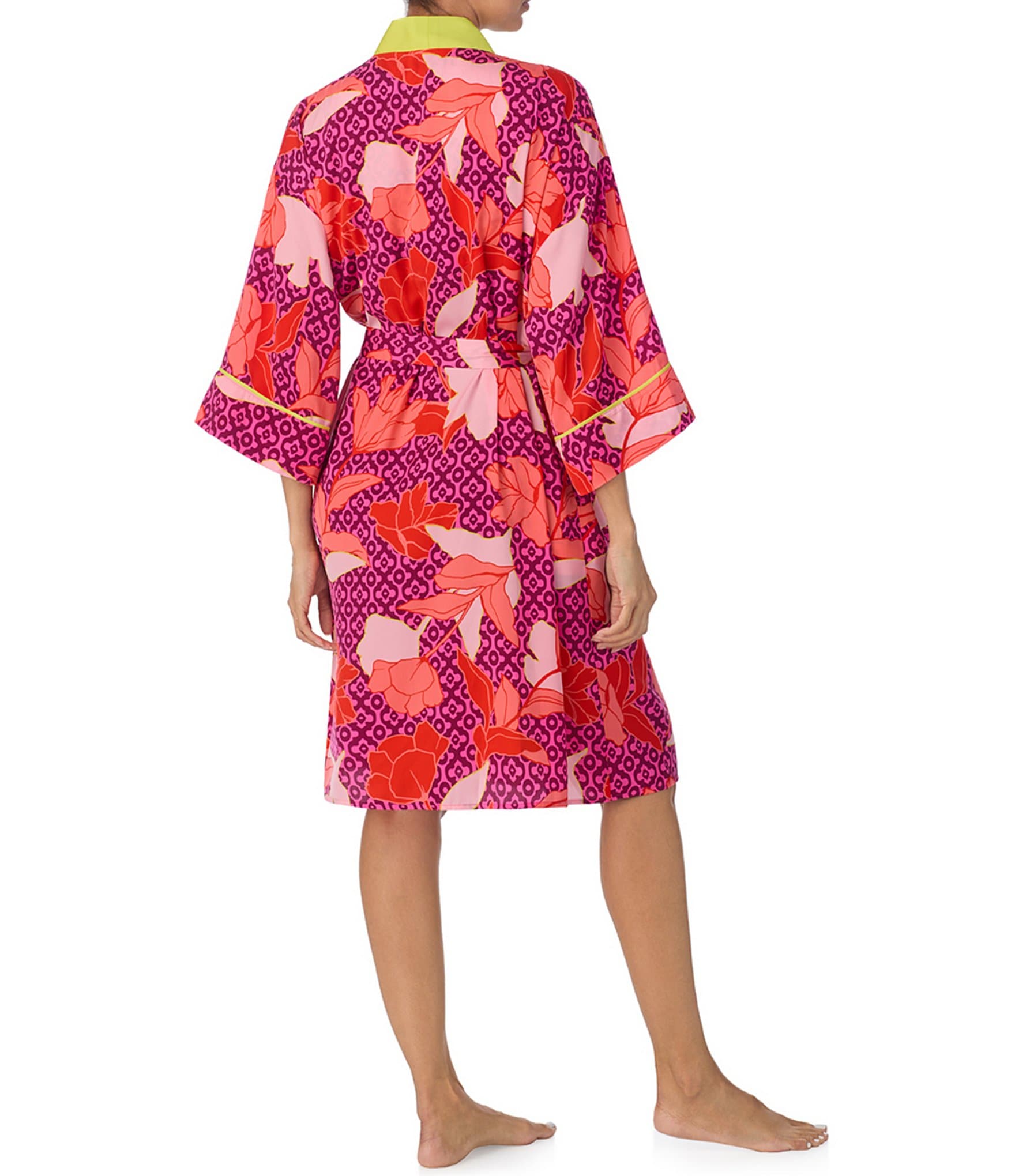 Room Service Floral Print Shawl Collar 3/4 Sleeve Satin Side Pocket Tie Waist Short Robe