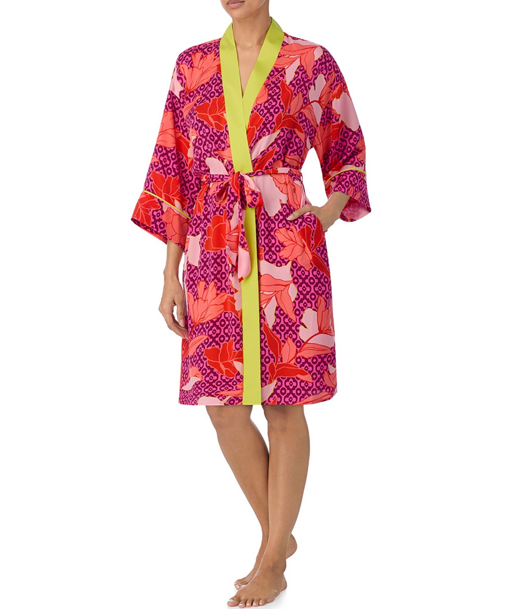 Room Service Floral Print Shawl Collar 3/4 Sleeve Satin Side Pocket Tie Waist Short Robe