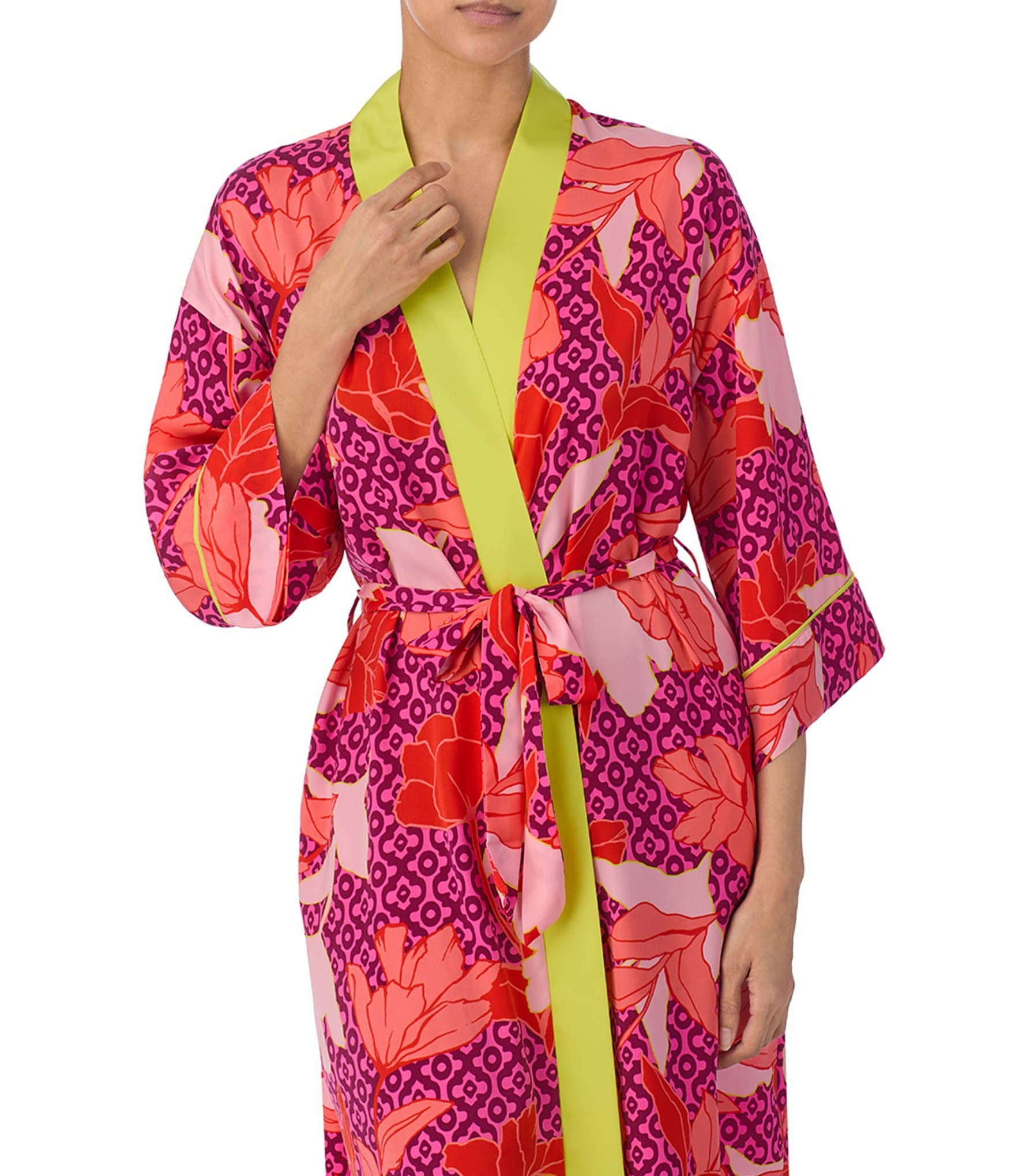 Room Service Floral Print Shawl Collar 3/4 Sleeve Satin Side Pocket Tie Waist Short Robe