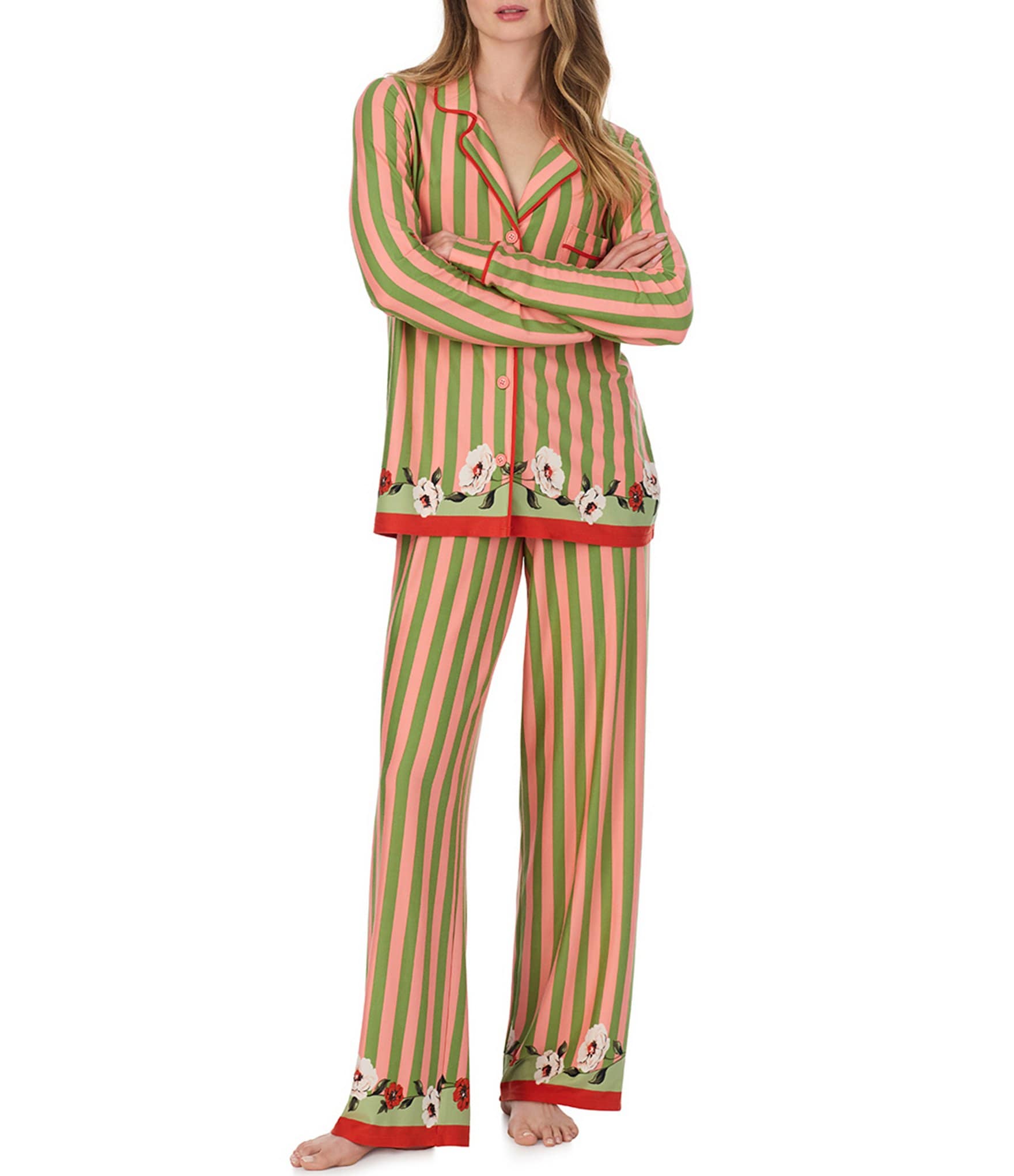 Room Service Green Floral Print Long Sleeve Notch Collar Jersey Knit Long Pajama Set