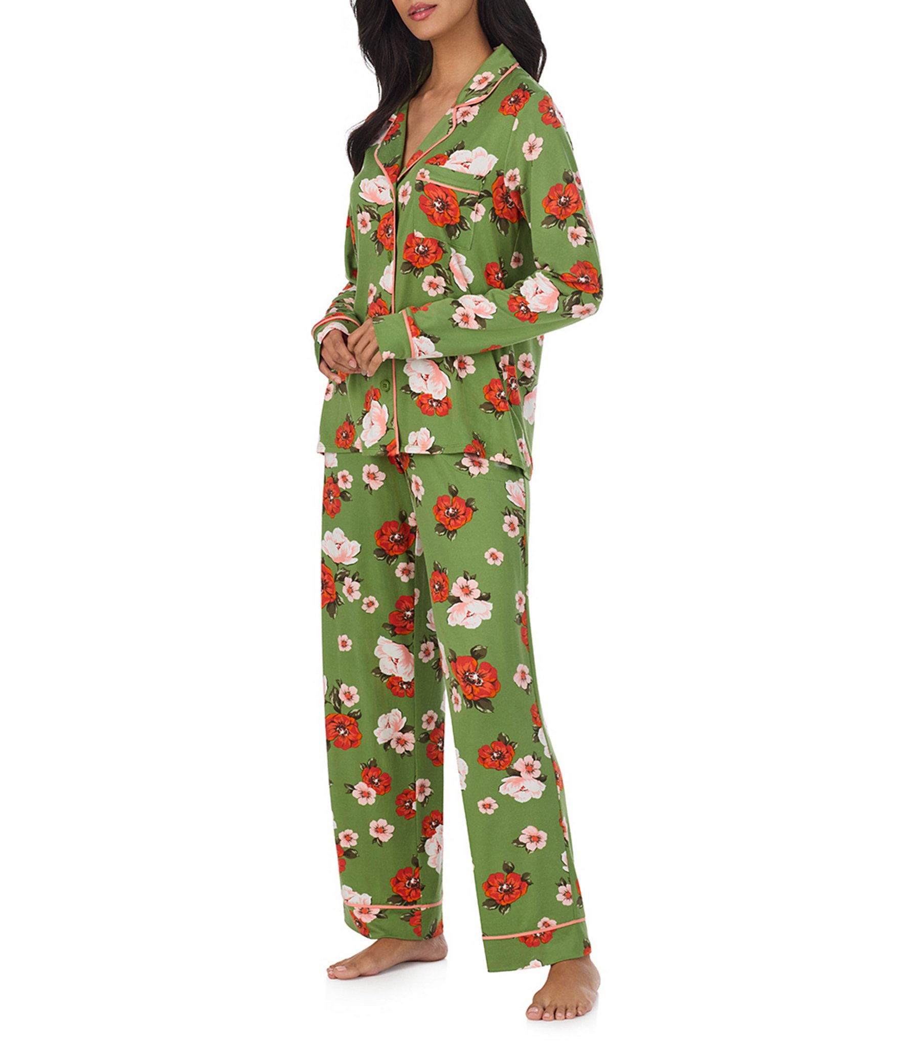 Room Service Autumn Blooms Floral Print Long Sleeve Notch Collar Jersey Knit Long Pajama Set