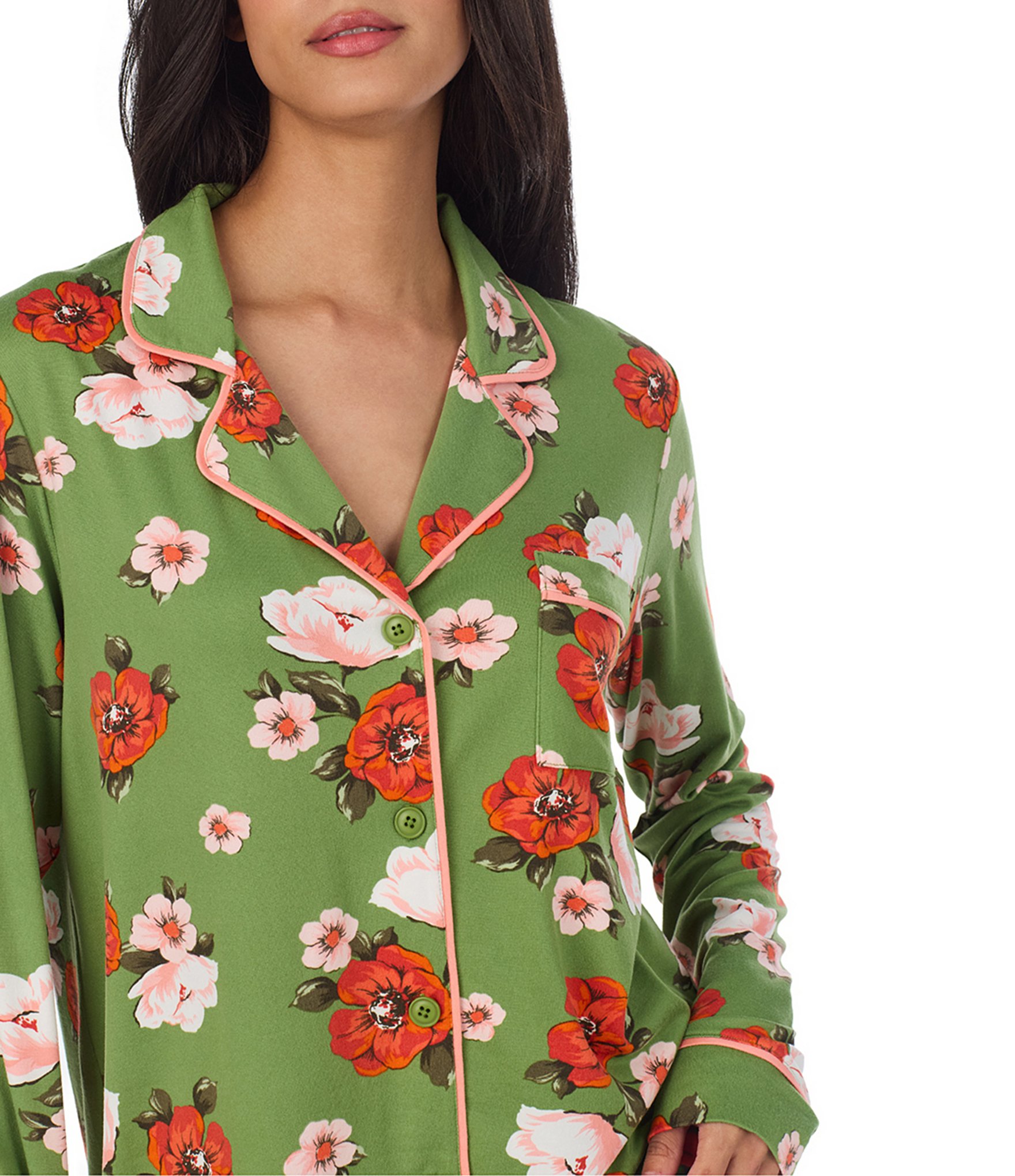 Room Service Autumn Blooms Floral Print Long Sleeve Notch Collar Jersey Knit Long Pajama Set