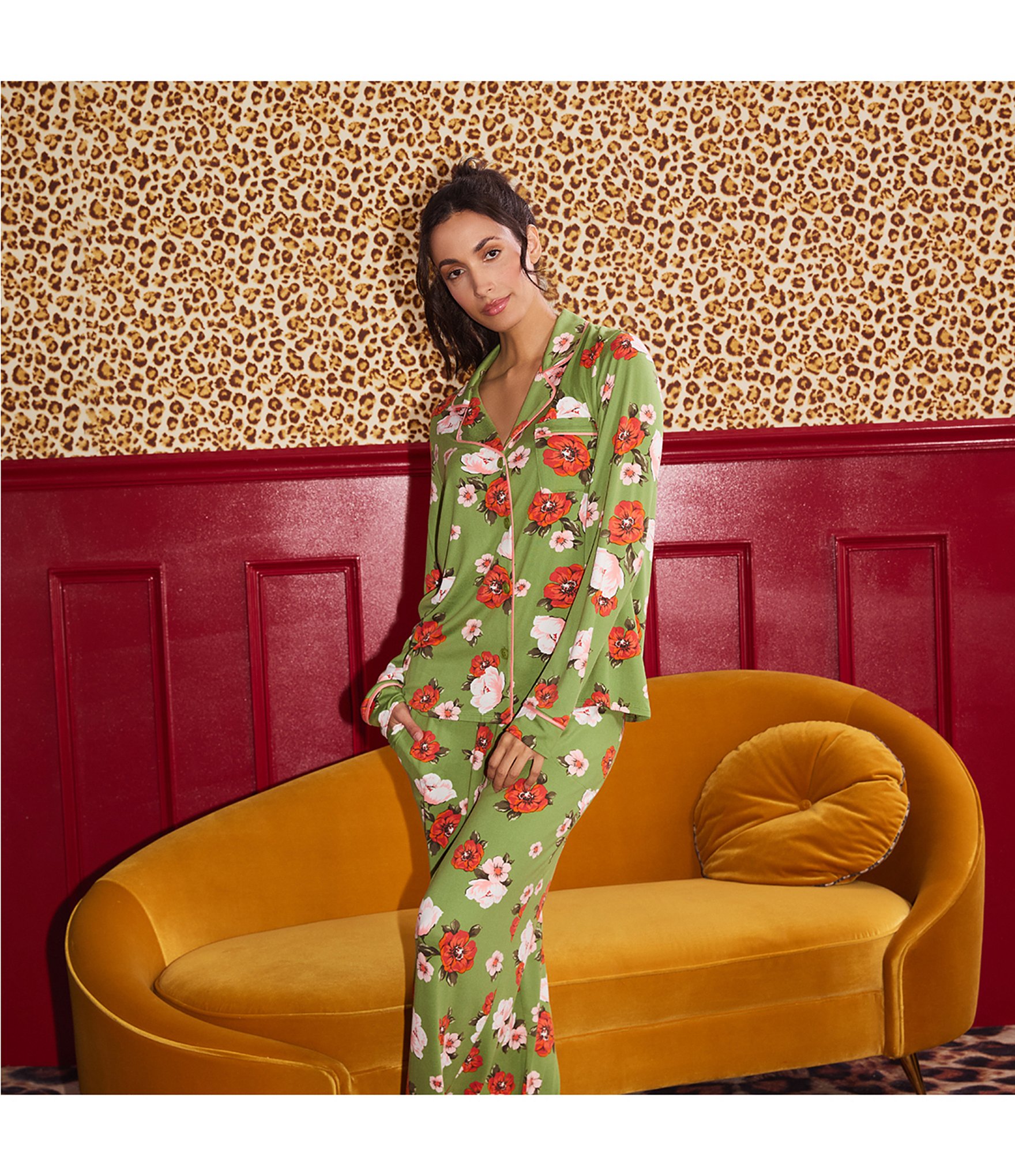 Room Service Autumn Blooms Floral Print Long Sleeve Notch Collar Jersey Knit Long Pajama Set