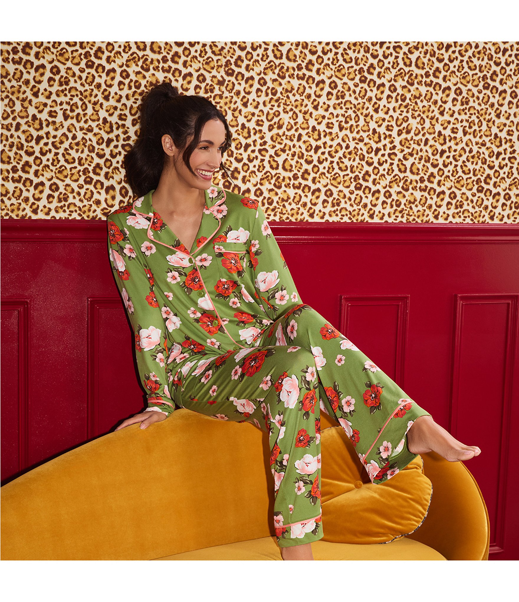 Room Service Autumn Blooms Floral Print Long Sleeve Notch Collar Jersey Knit Long Pajama Set