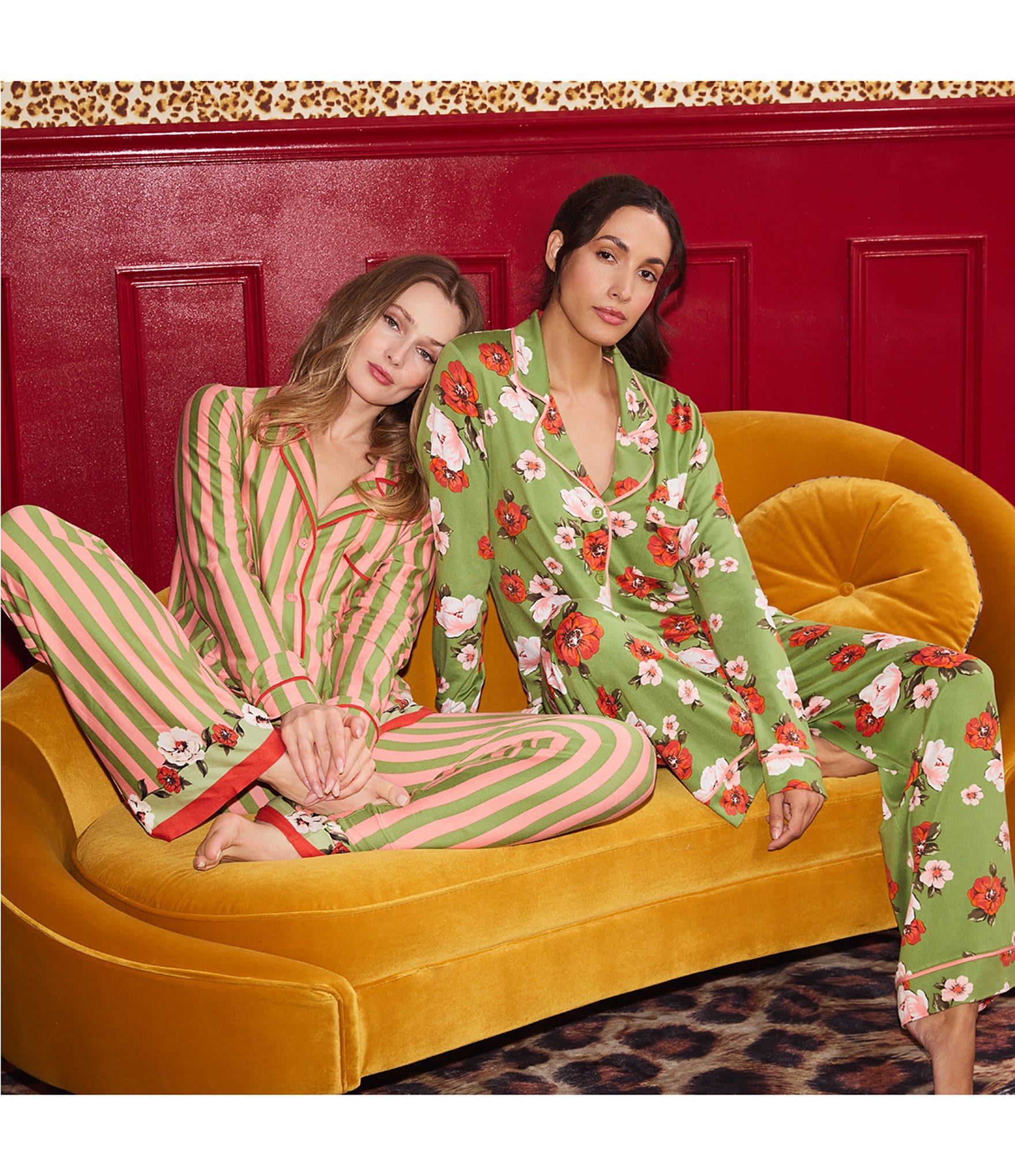 Room Service Autumn Blooms Floral Print Long Sleeve Notch Collar Jersey Knit Long Pajama Set