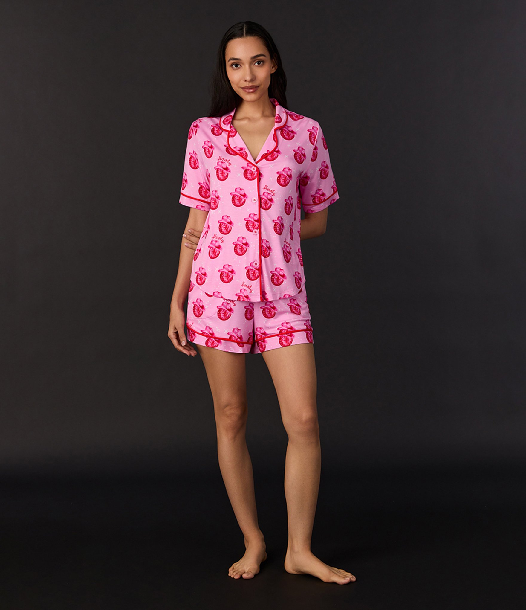 Room Service Disco Cowboy Hat Print Short Sleeve Notch Collar Knit Shorty Pajama Set