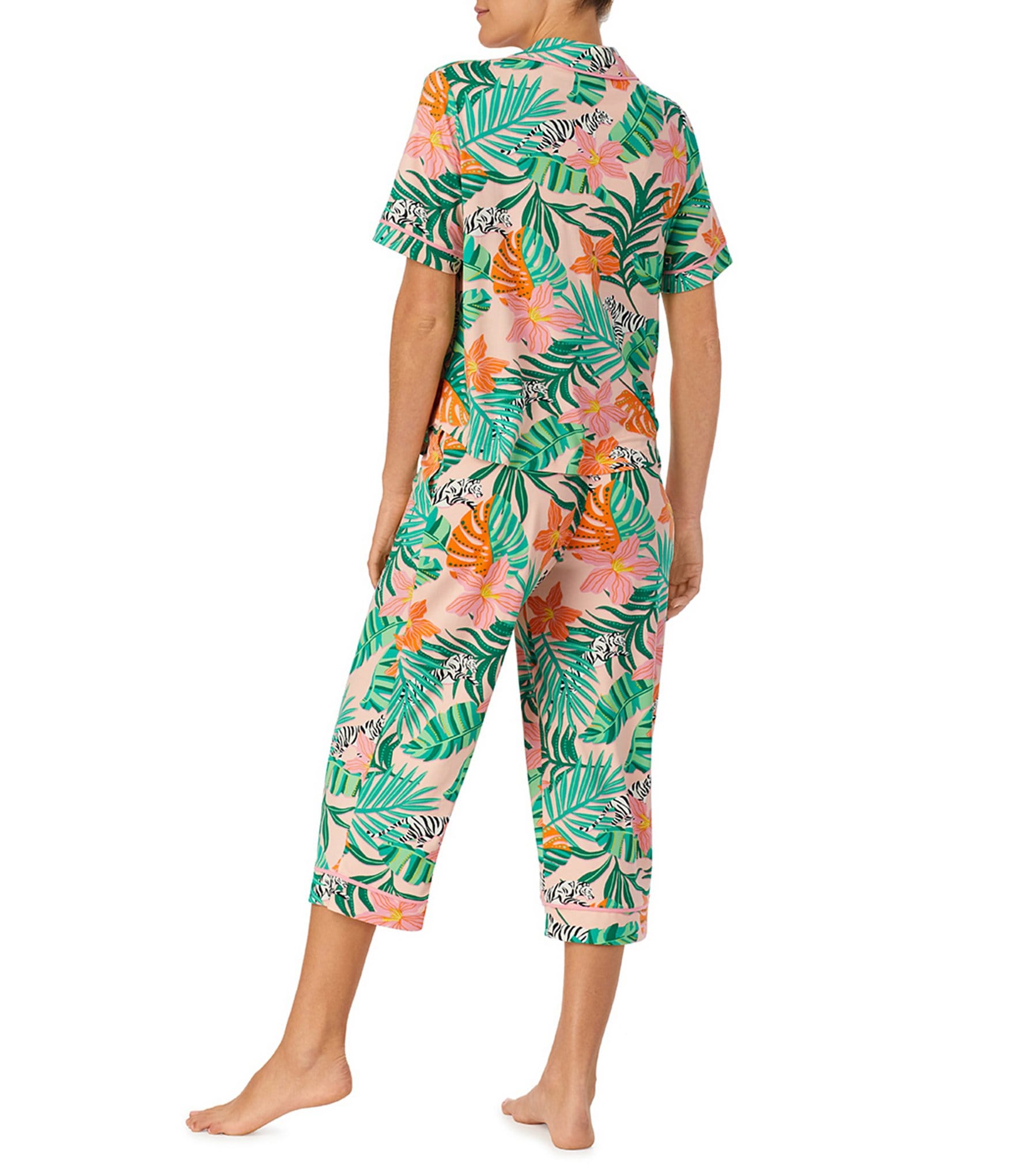 Room Service Jungle Floral Short Sleeve Notch Collar Knit Cropped Pajama Set