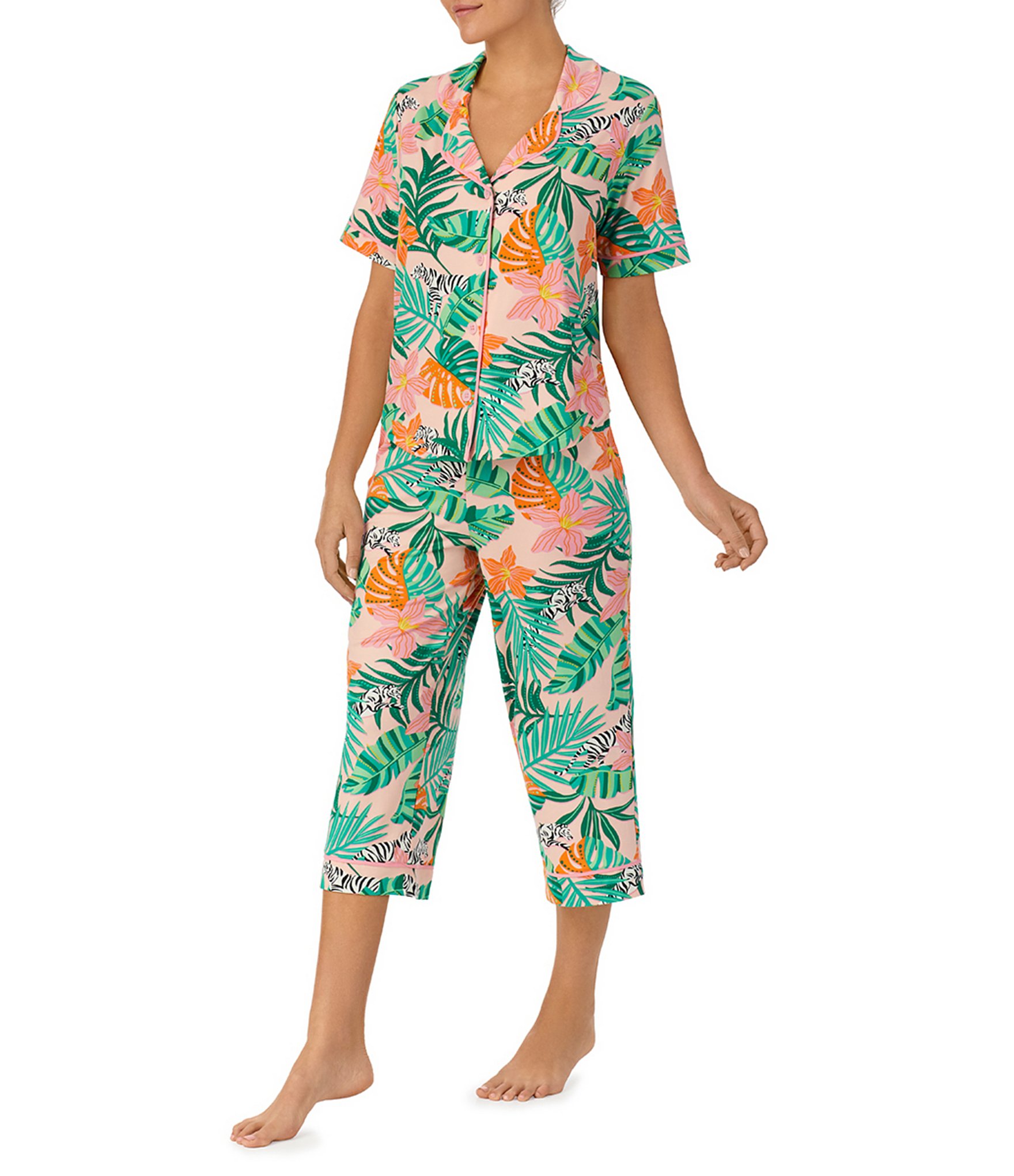 Room Service Jungle Floral Short Sleeve Notch Collar Knit Cropped Pajama Set