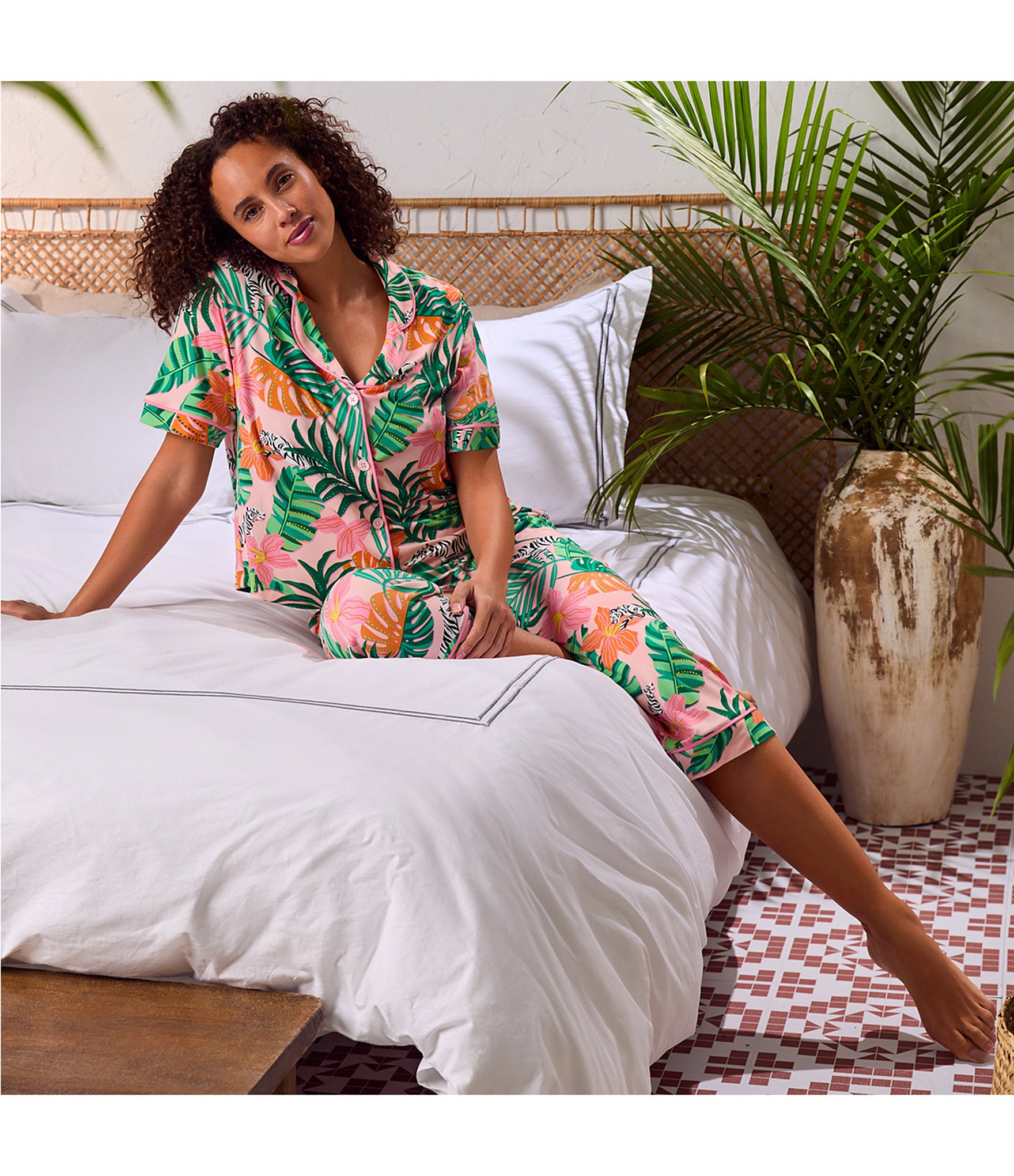 Room Service Jungle Floral Short Sleeve Notch Collar Knit Cropped Pajama Set