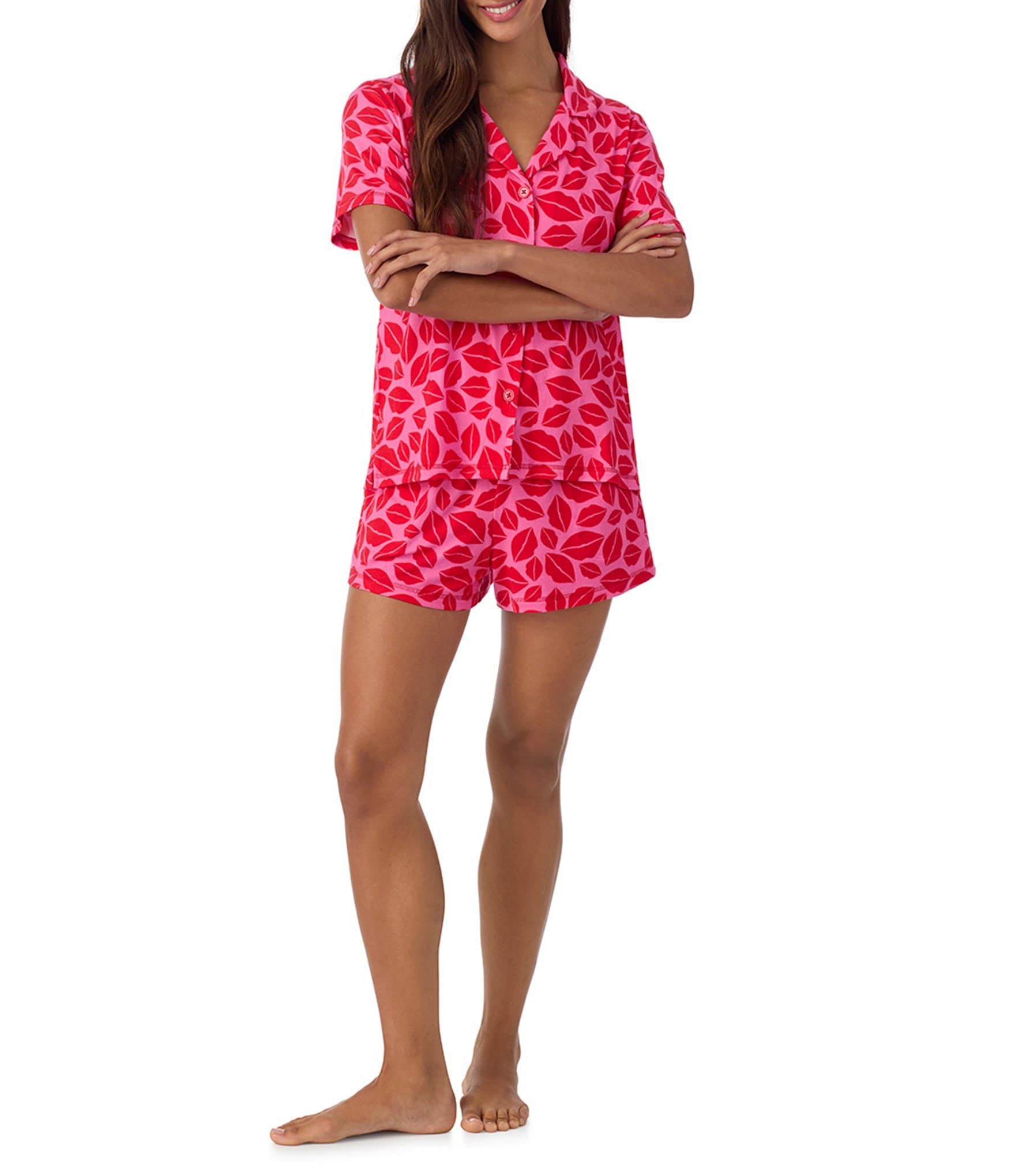 Room Service Lip Print Short Sleeve Notch Collar Marshmallow Knit Shorty Valentine's Day Pajama Set