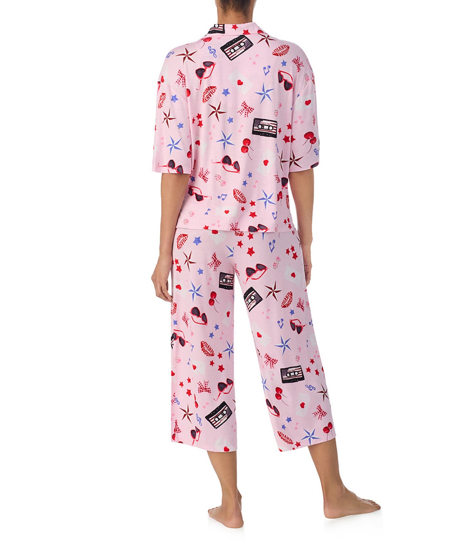 Room Service Novelty Print Short Sleeve Notch Collar Knit Cropped Pajama Set