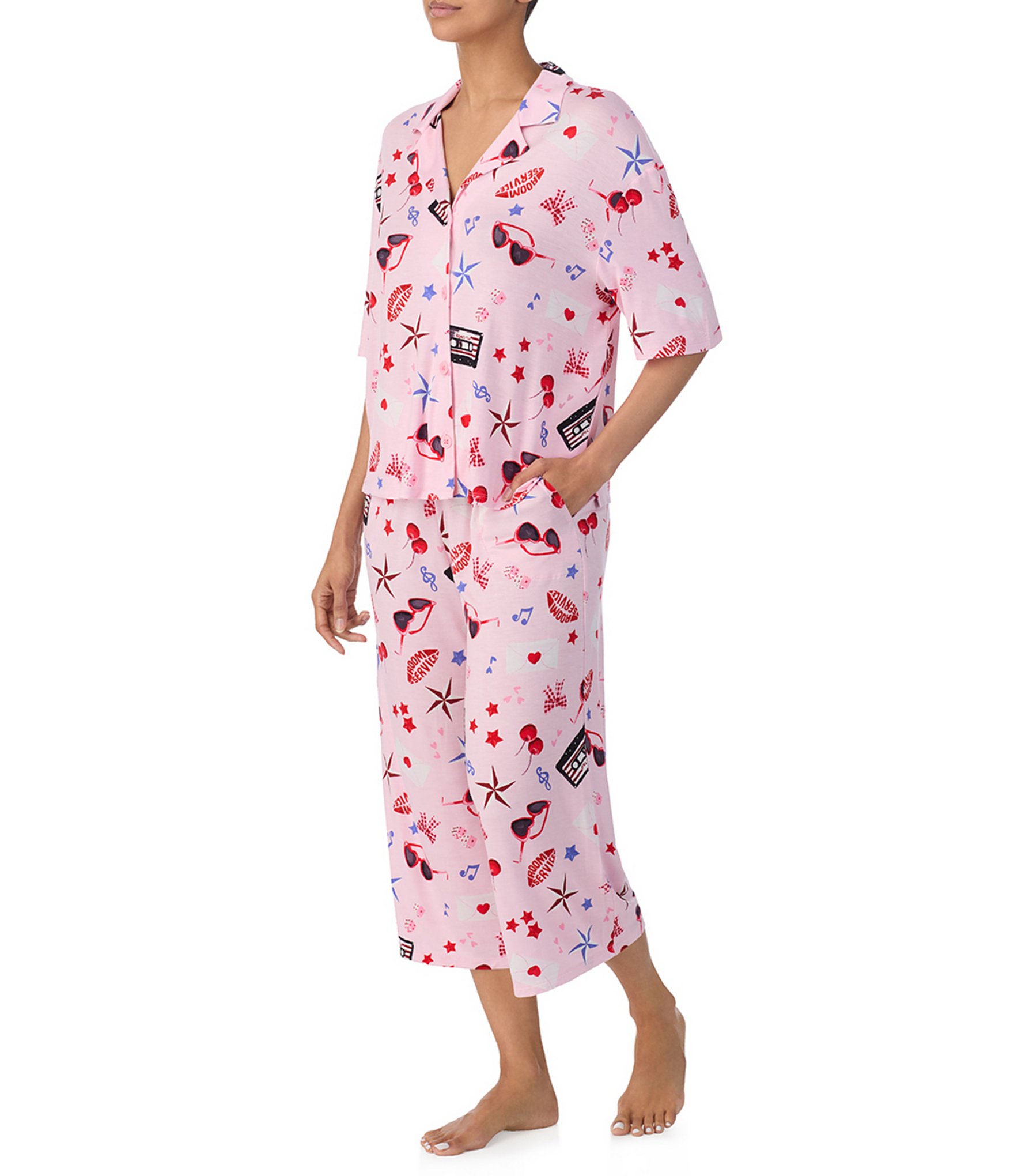 Room Service Novelty Print Short Sleeve Notch Collar Knit Cropped Pajama Set