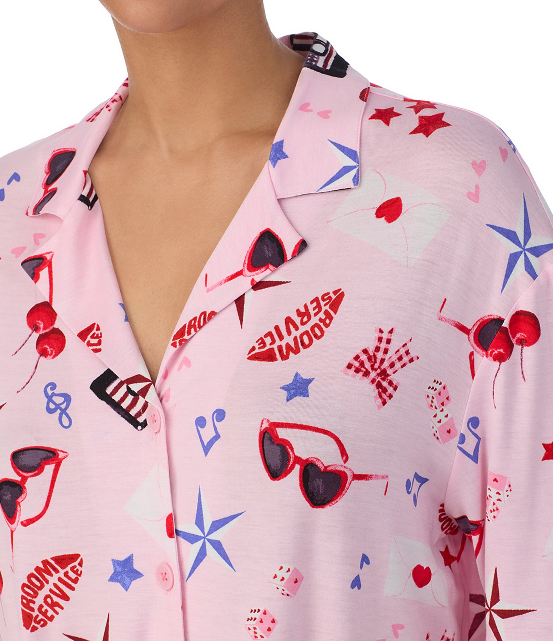 Room Service Novelty Print Short Sleeve Notch Collar Knit Cropped Pajama Set