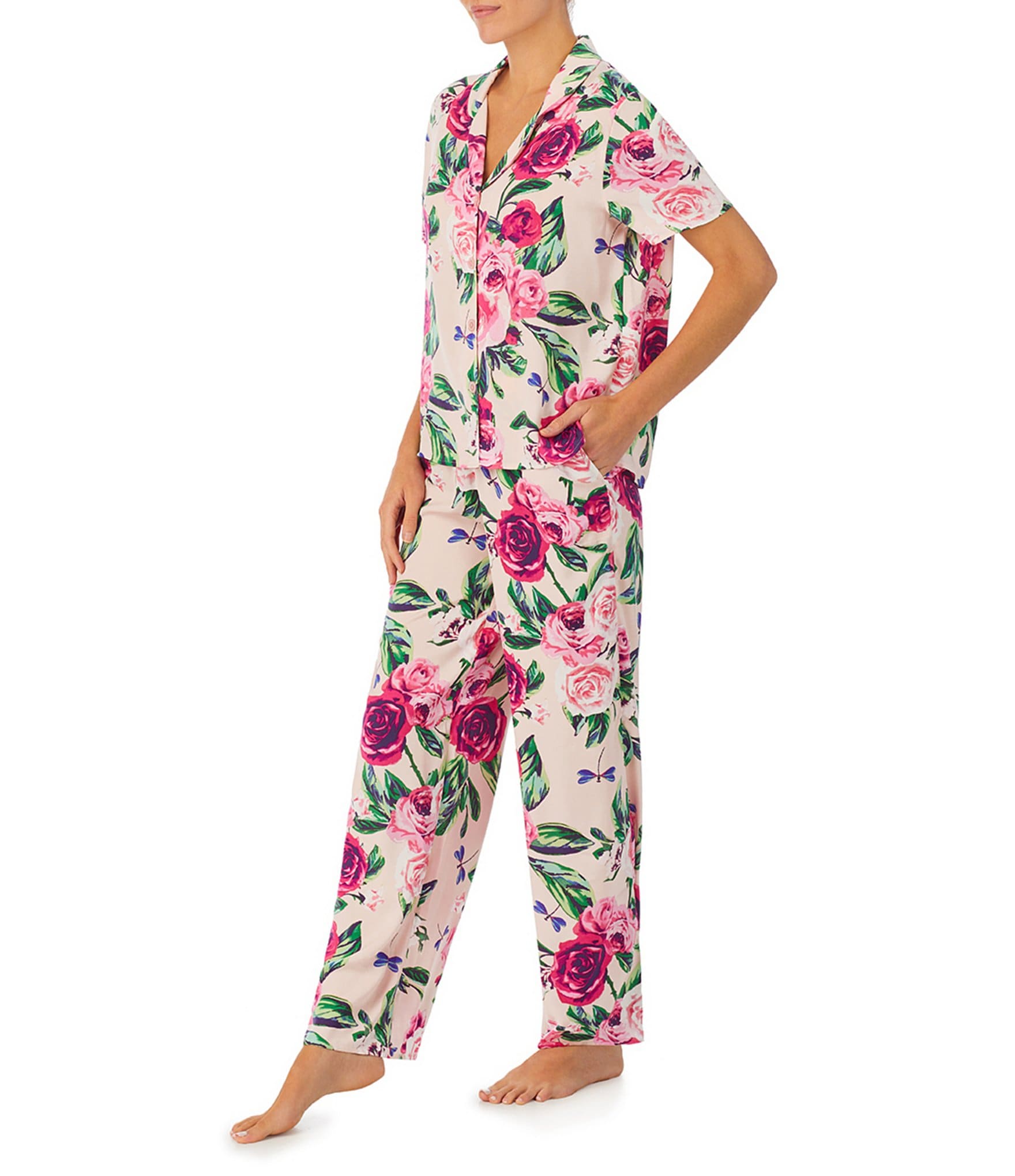 Room Service Pink Floral Print Short Sleeve Notch Collar Satin Pajama ...