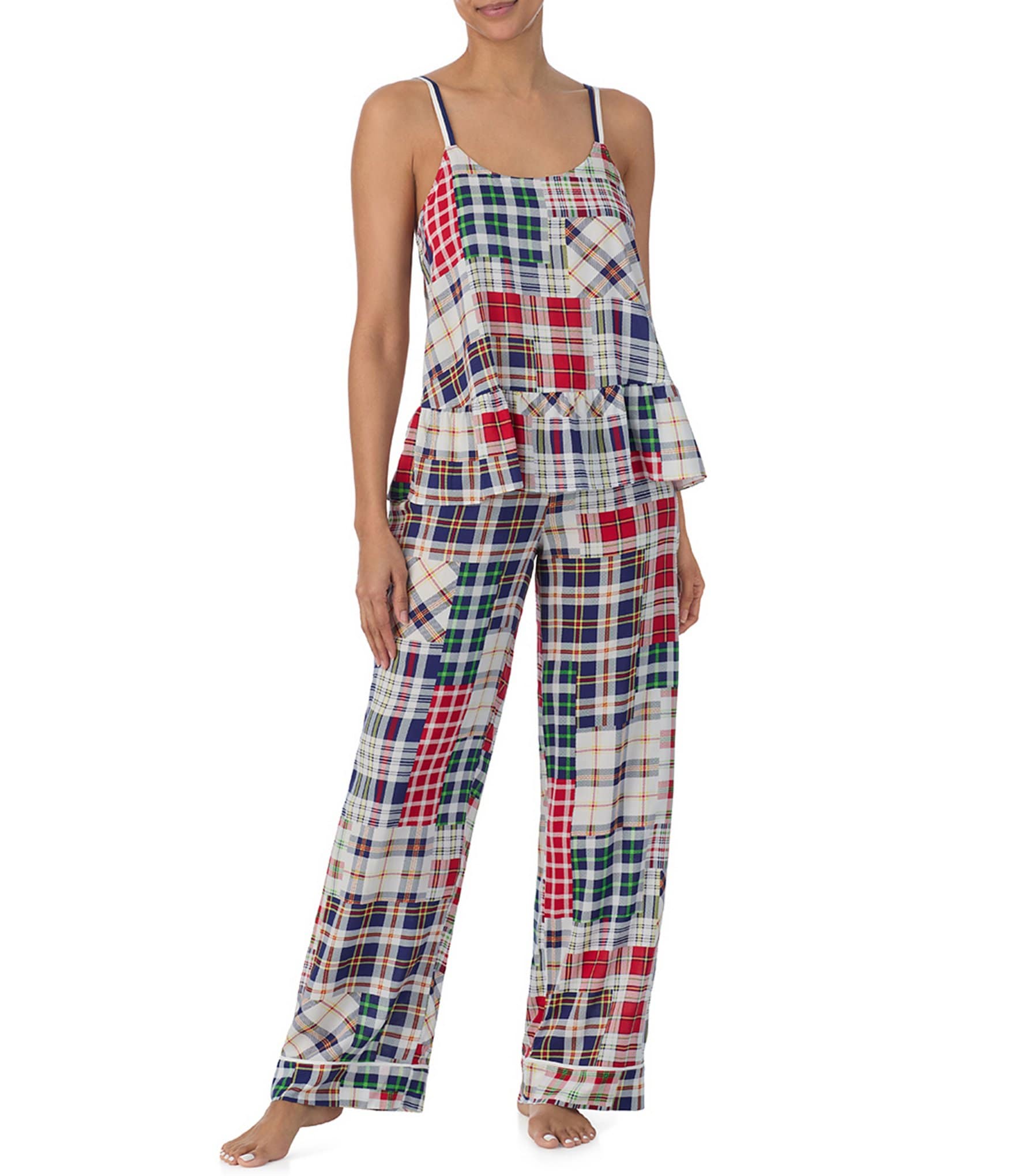 Room Service Plaid Print Sleeveless Round Neck Woven Pajama Pant Set