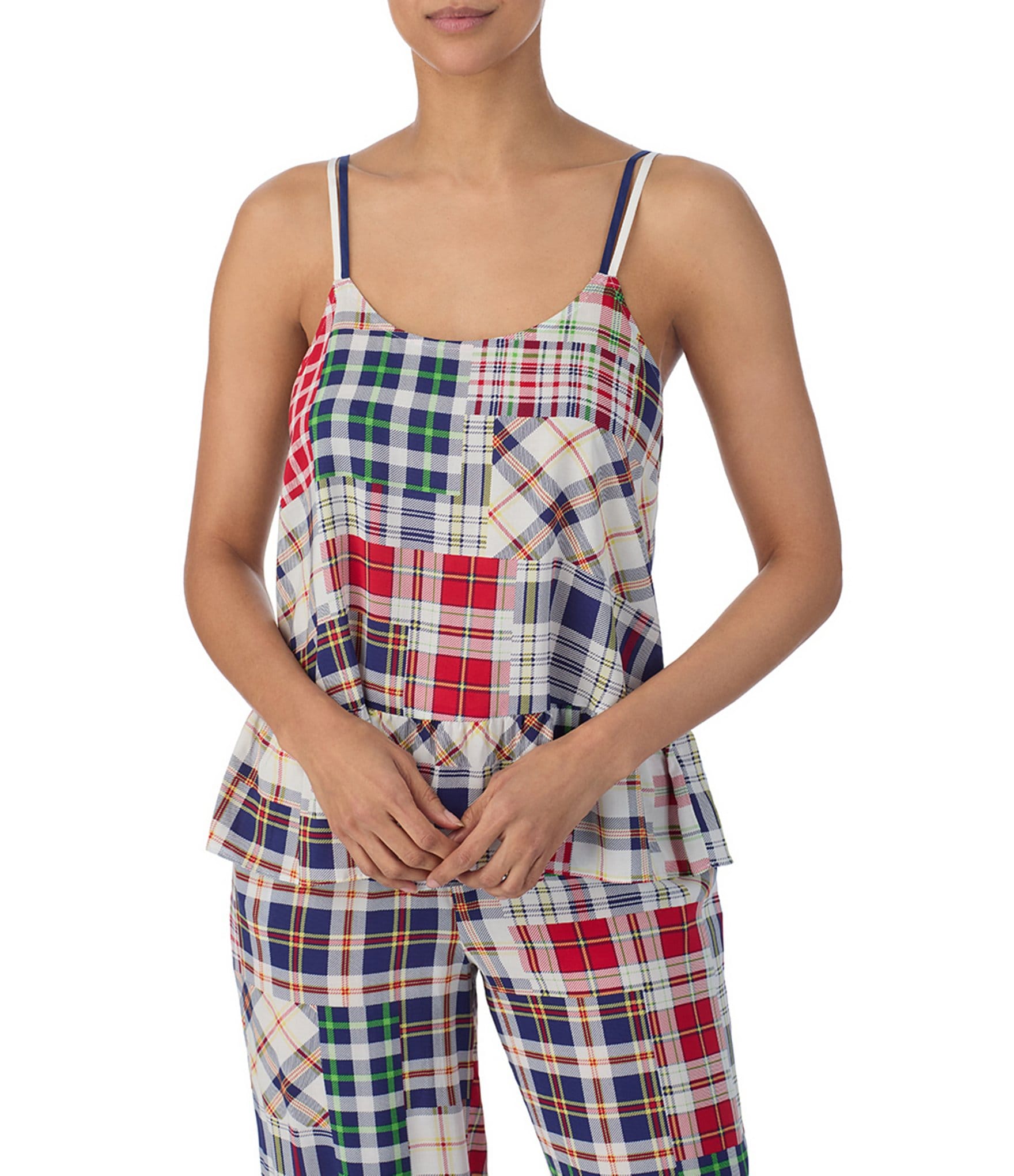 Room Service Plaid Print Sleeveless Round Neck Woven Pajama Pant Set