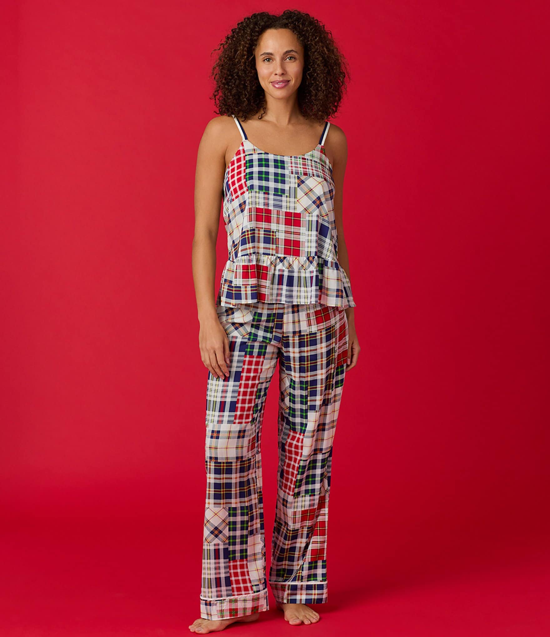 Room Service Plaid Print Sleeveless Round Neck Woven Pajama Pant Set