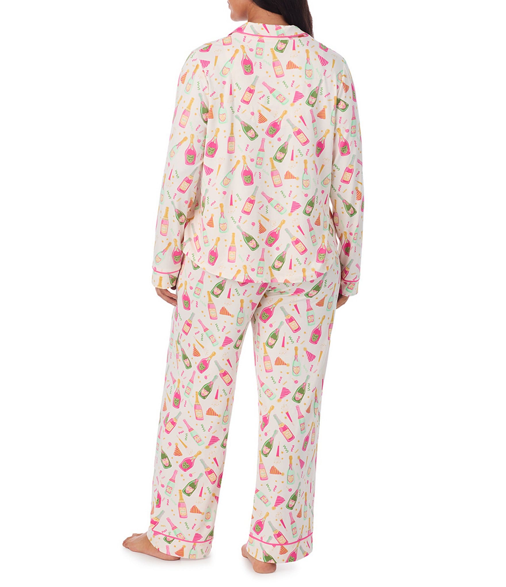 Room Service Plus Size Champagne Print Long Sleeve Notch Collar Knit Long Pajama Set