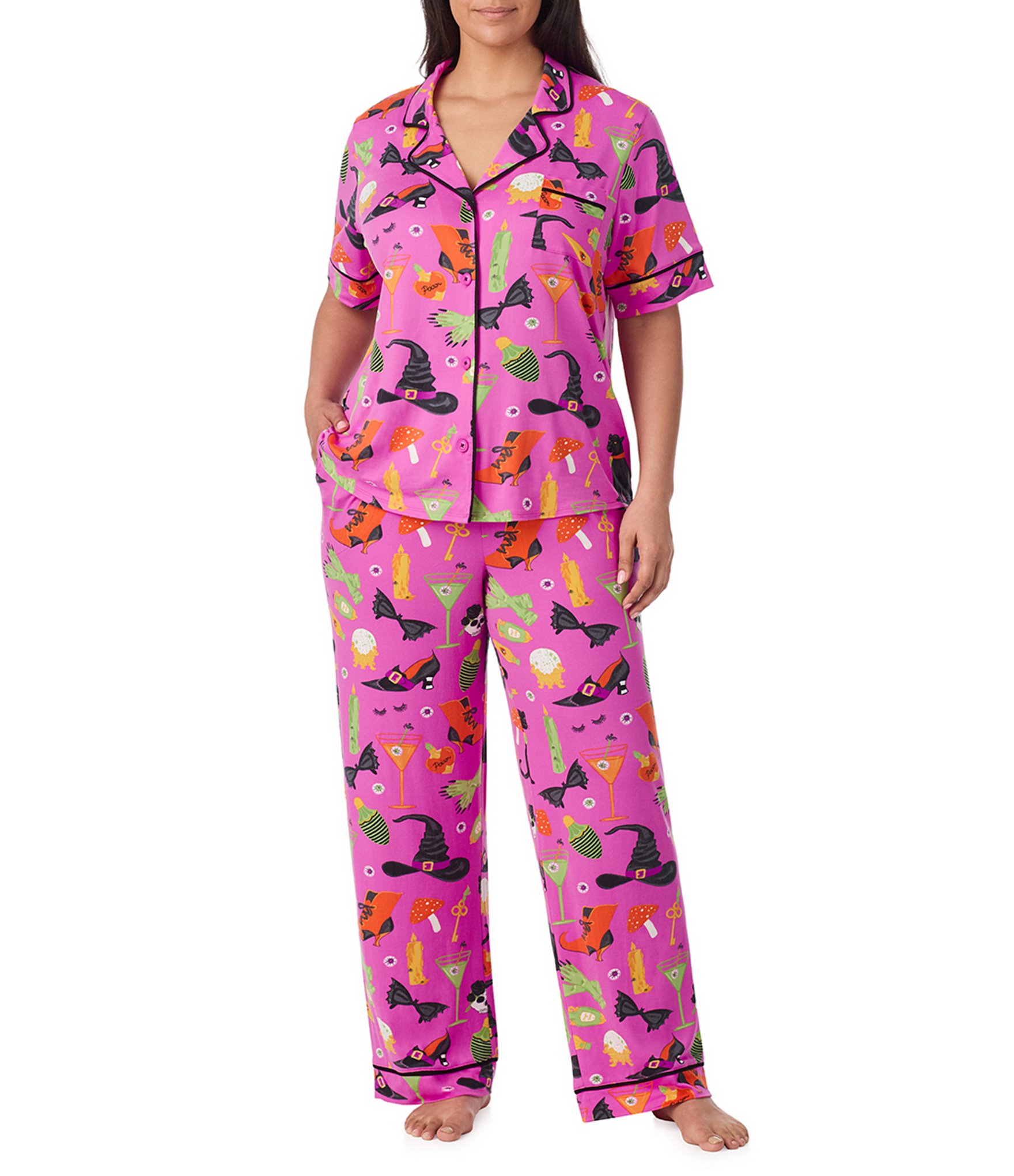 Room Service Plus Size Potion Commotion Print Short Sleeve Notch Collar Jersey Knit Pajama Set