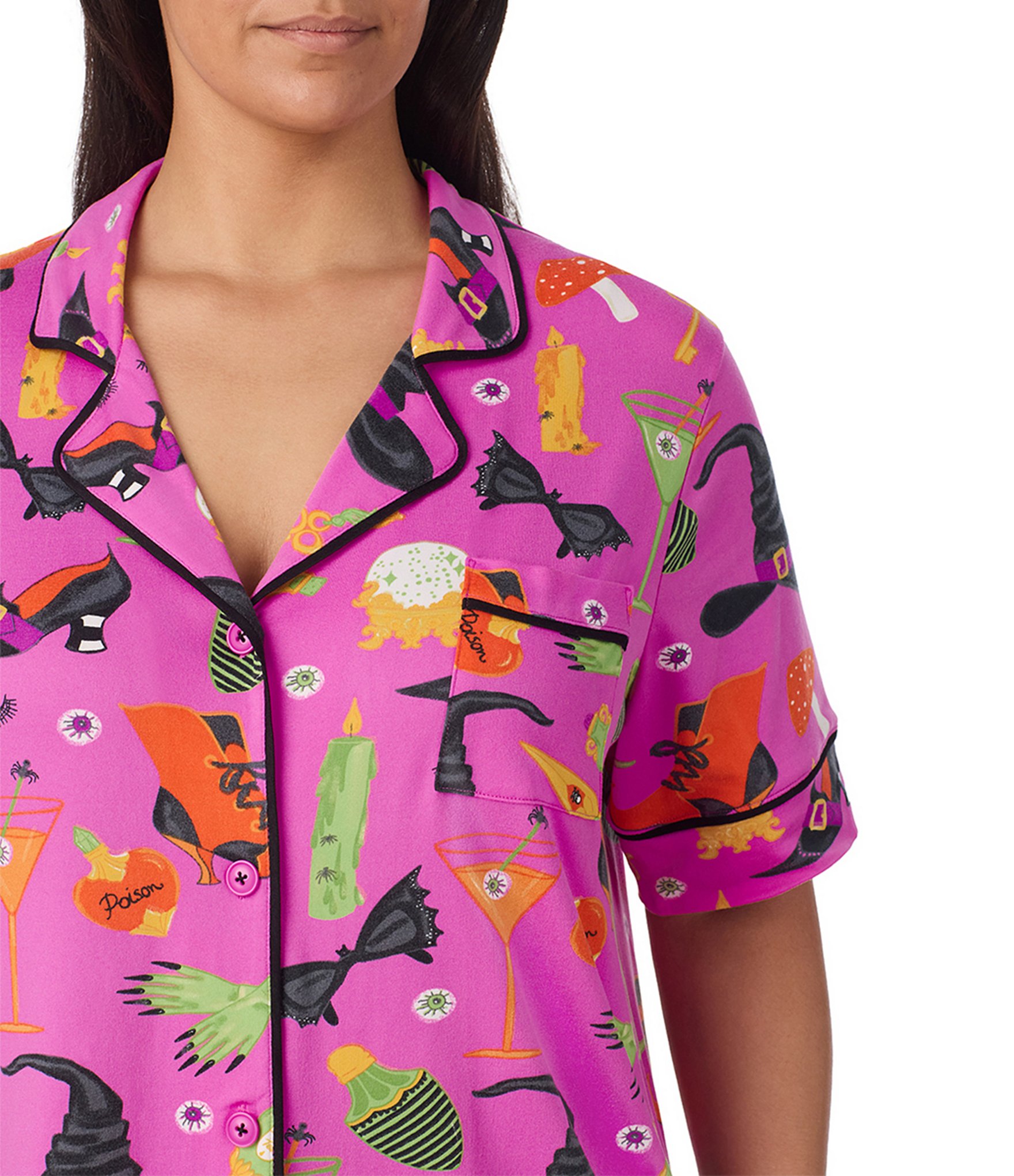 Room Service Plus Size Potion Commotion Print Short Sleeve Notch Collar Jersey Knit Pajama Set