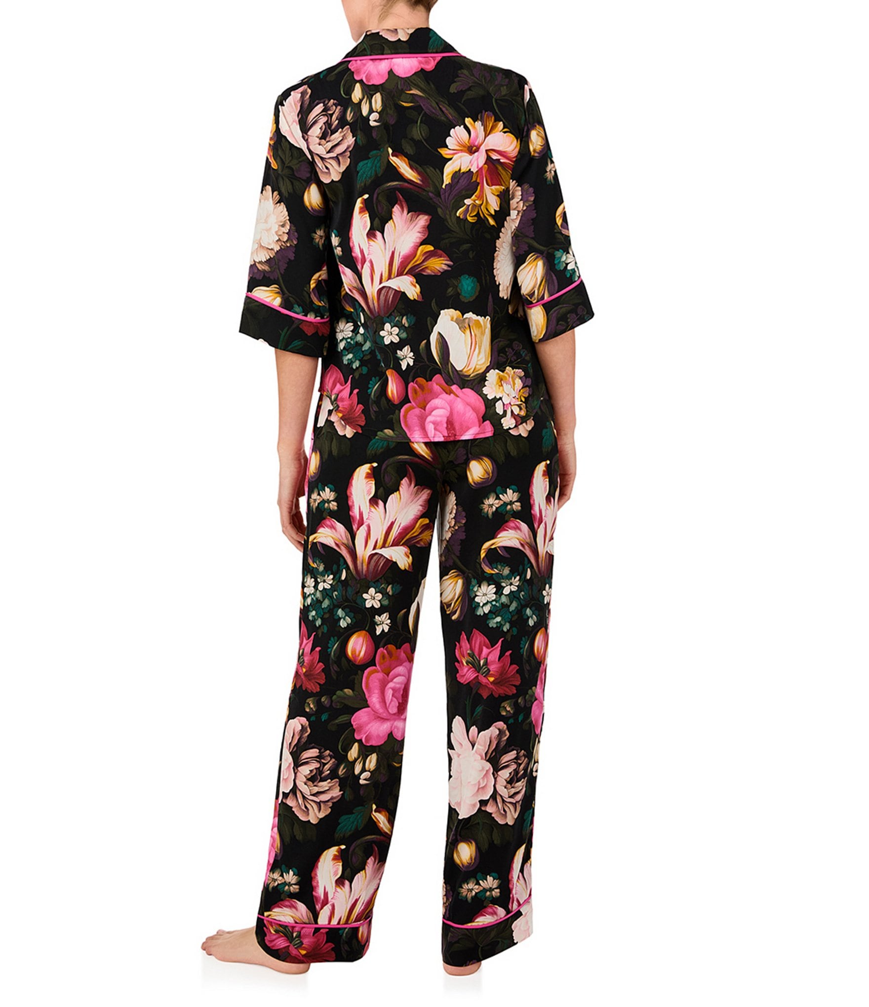 Room Service Satin 3/4 Sleeve Notch Collar Floral Pajama Set