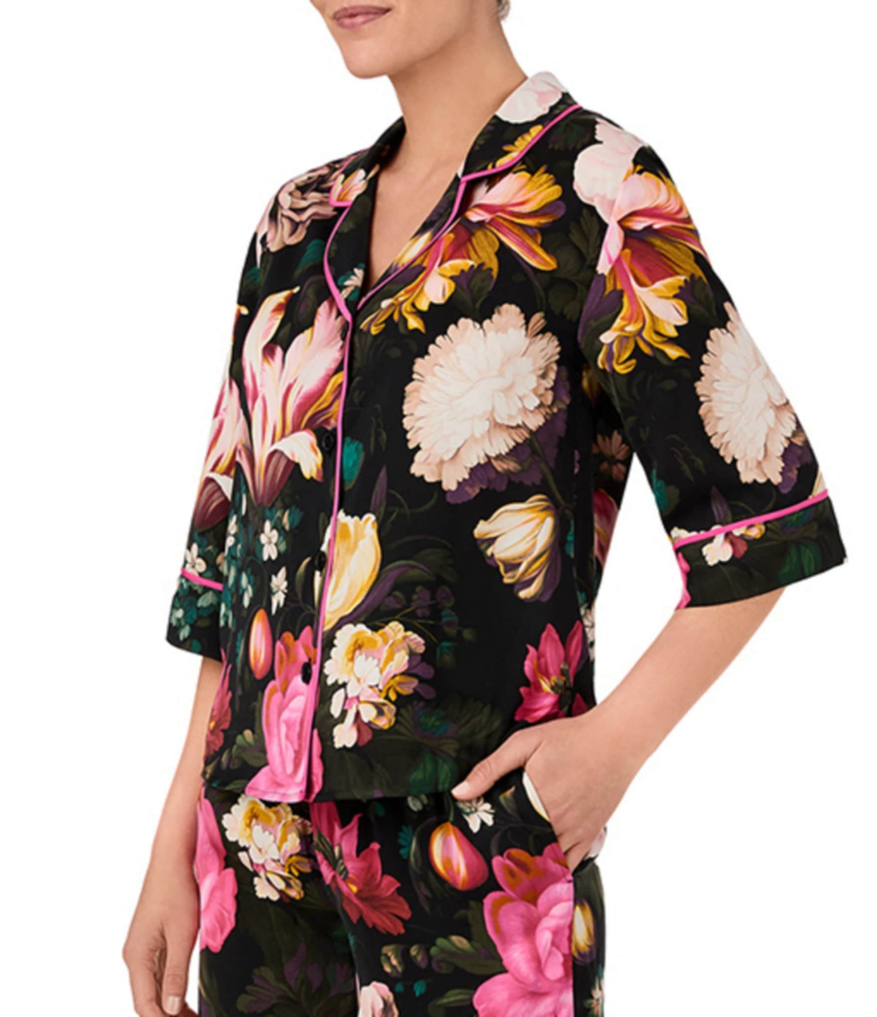 Room Service Satin 3/4 Sleeve Notch Collar Floral Pajama Set