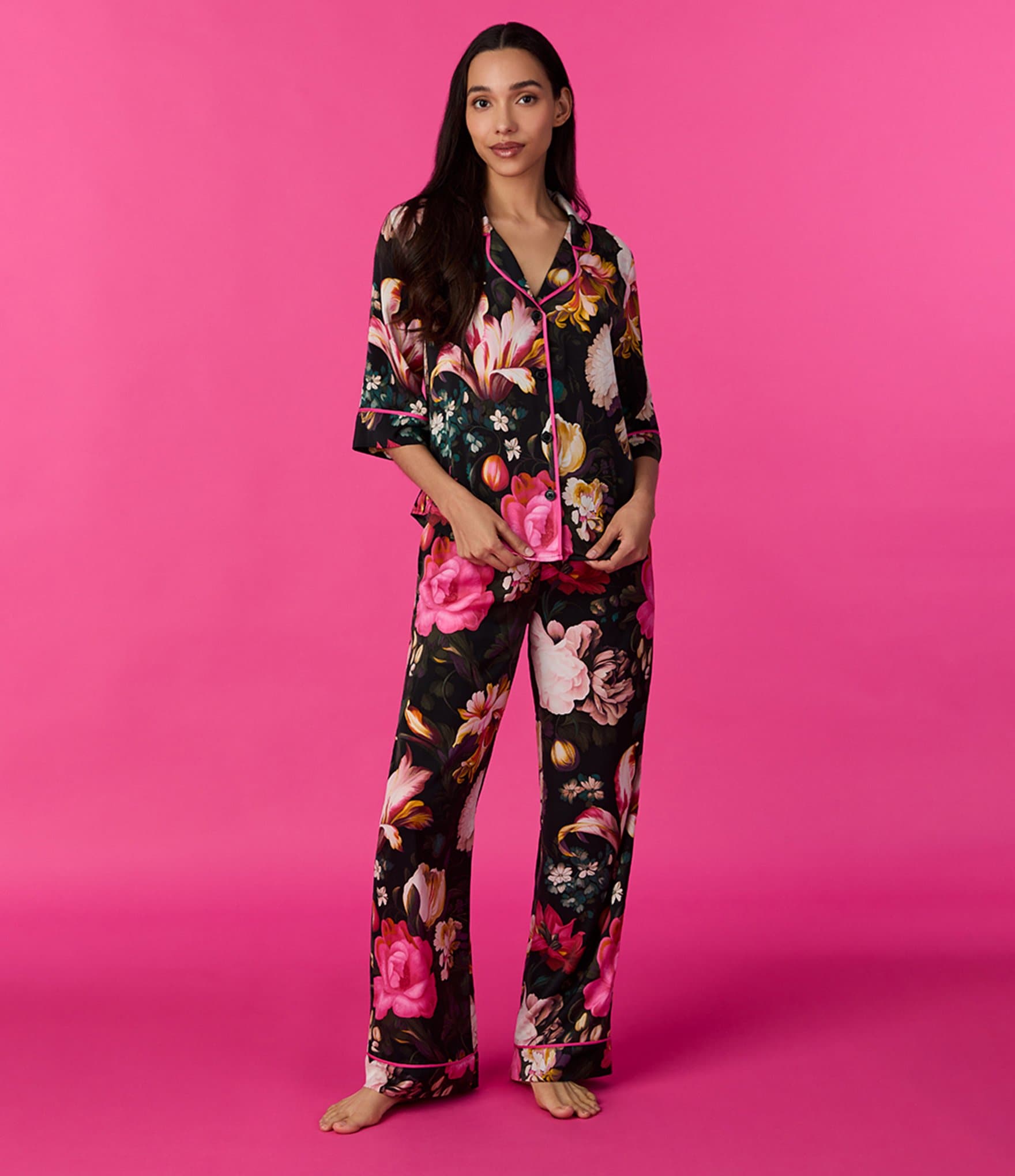 Room Service Satin 3/4 Sleeve Notch Collar Floral Pajama Set