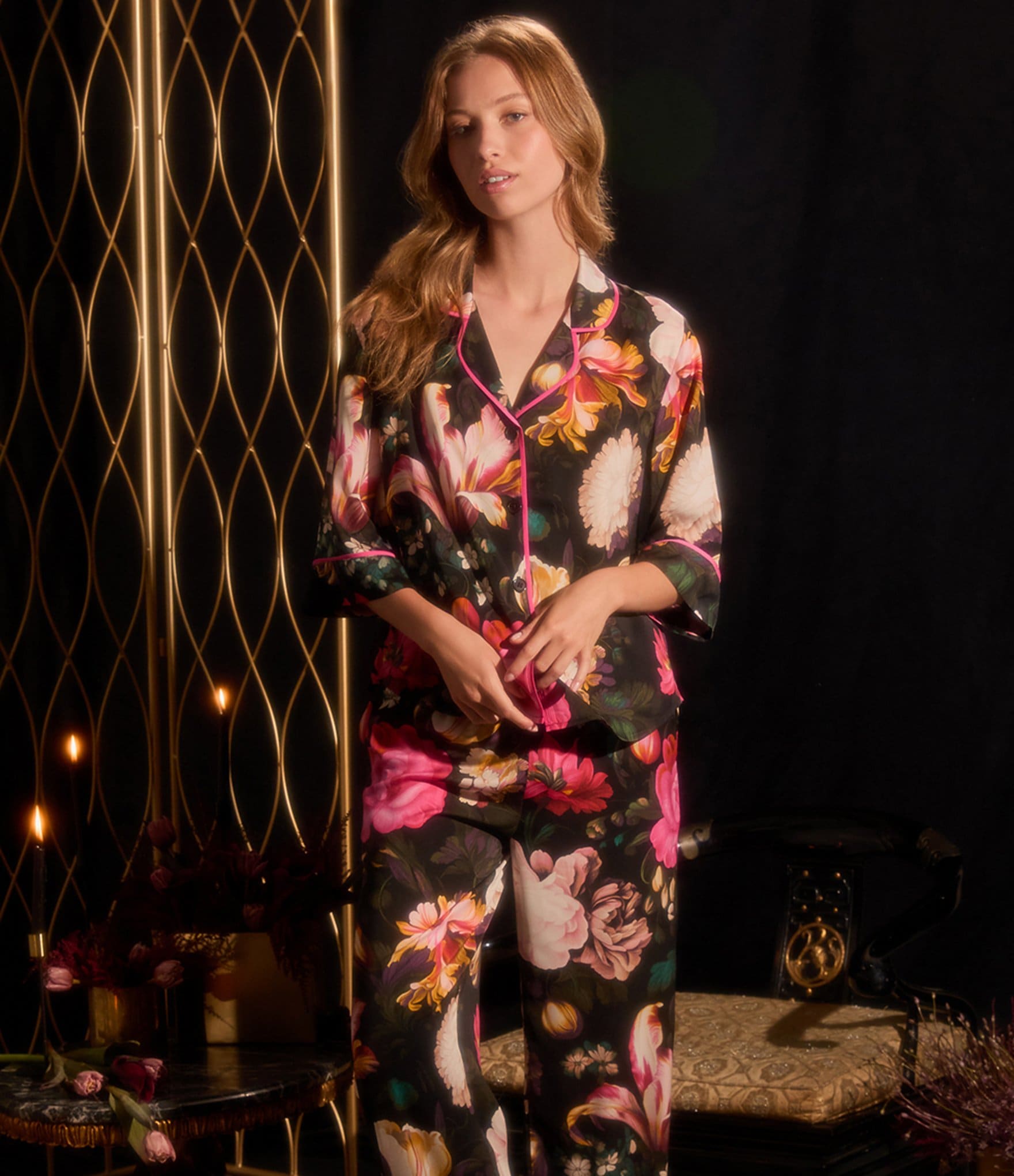 Room Service Satin 3/4 Sleeve Notch Collar Floral Pajama Set