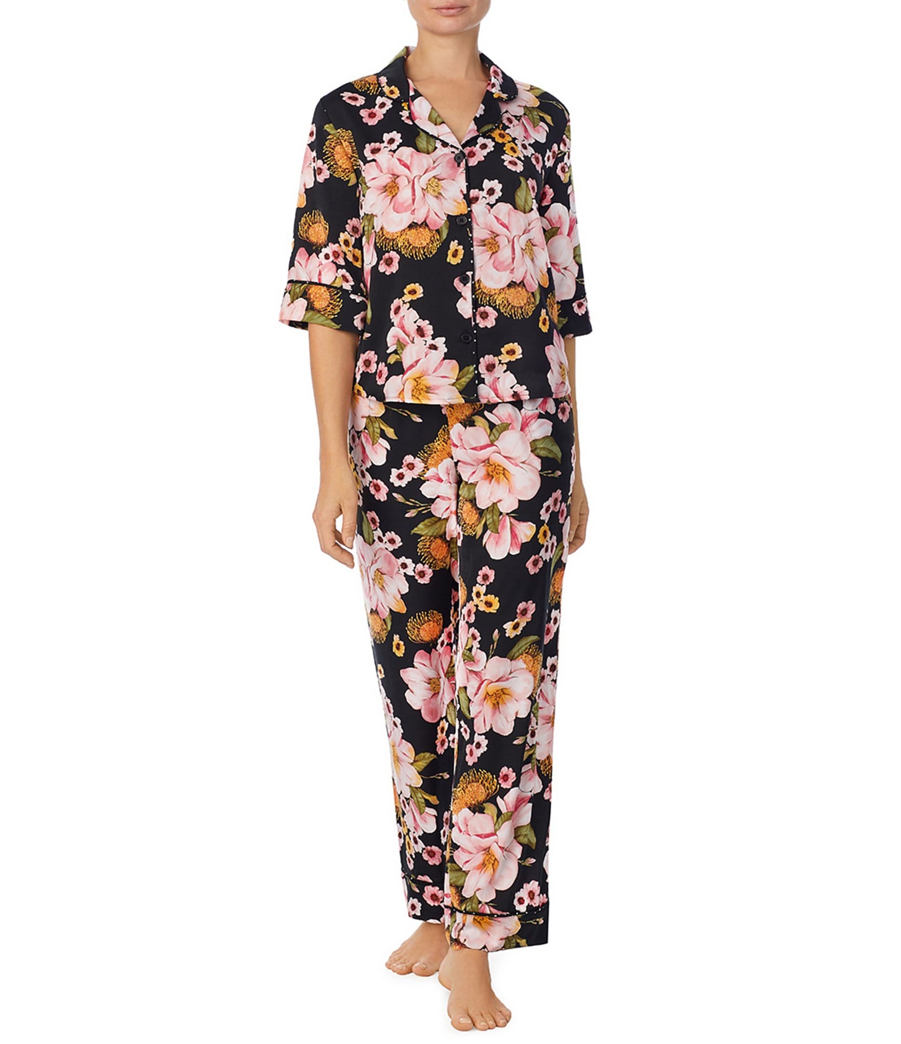 Room Service Satin Floral Print 34 Sleeve Notch Collar Pajama Set Dillards 9781