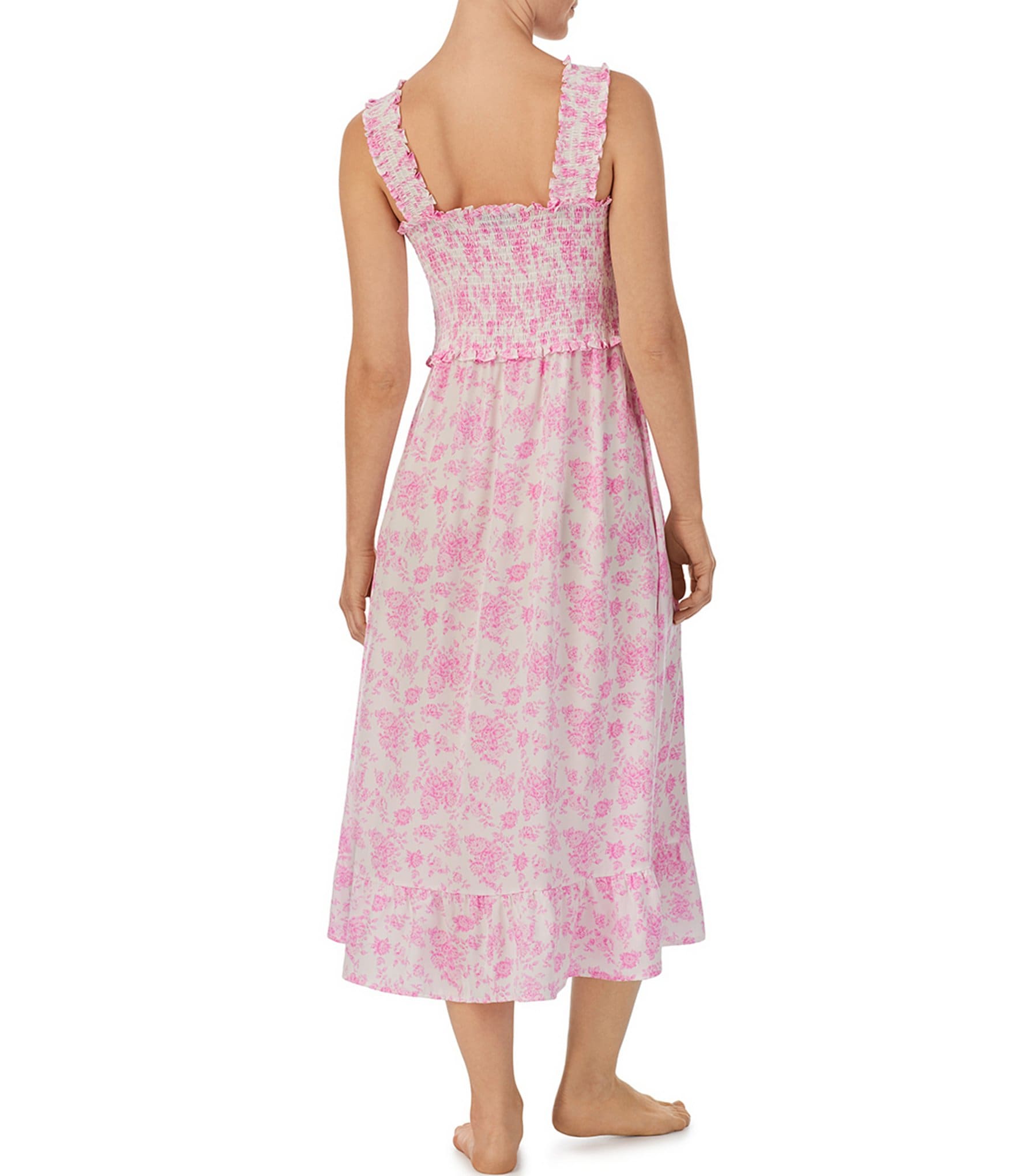 Room Service Satin Floral Print Sleeveless Straight Neck Smocked Maxi Chemise