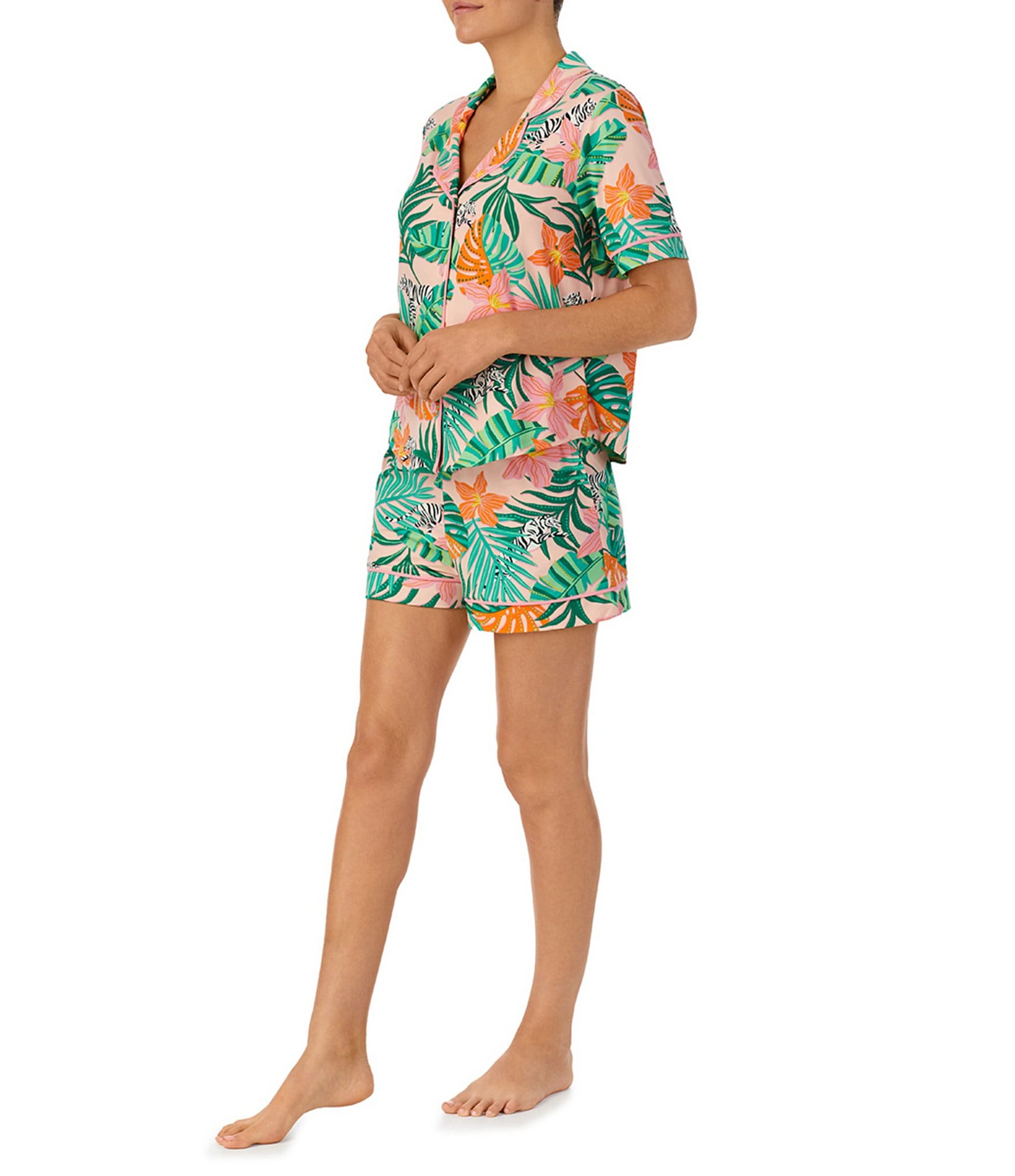 Room Service Short Sleeve Notch Collar Jersey Knit Jungle Floral Matching Shorts Pajama Set