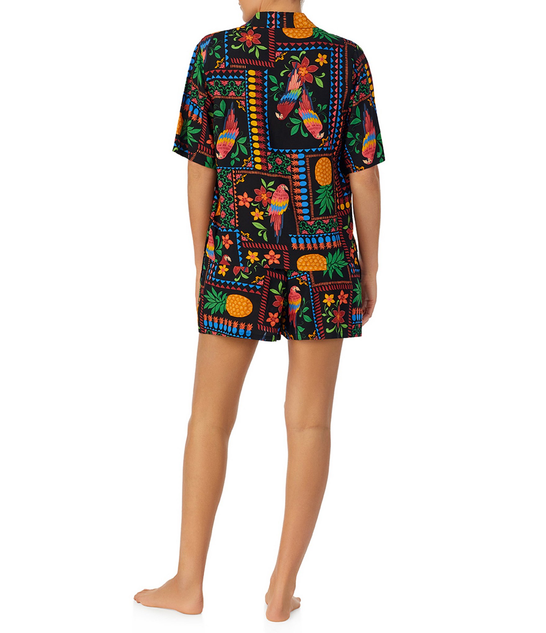 Room Service Tropical Patchwork Print Short Sleeve Notch Collar Woven Shorty Pajama Set