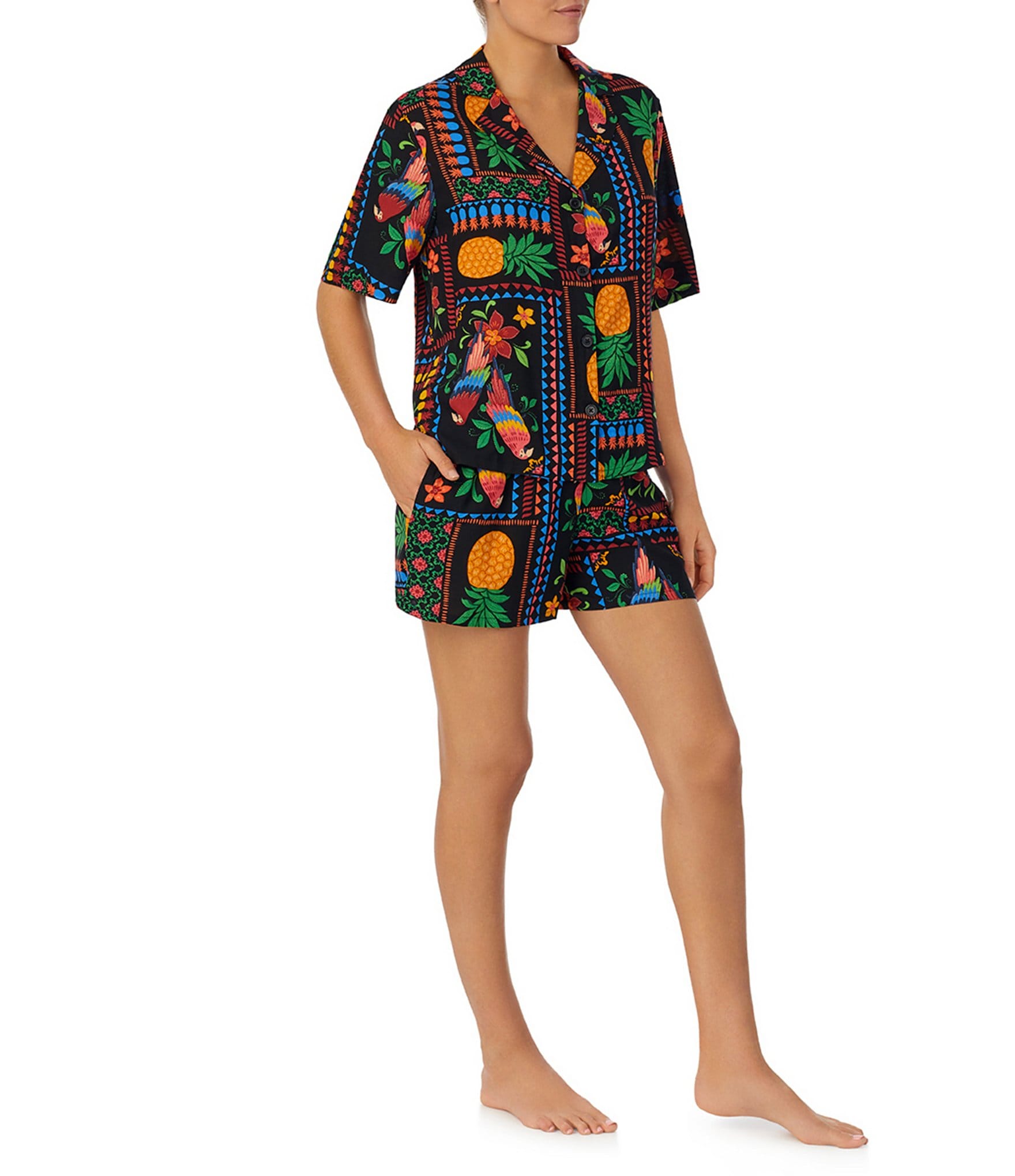 Room Service Tropical Patchwork Print Short Sleeve Notch Collar Woven Shorty Pajama Set