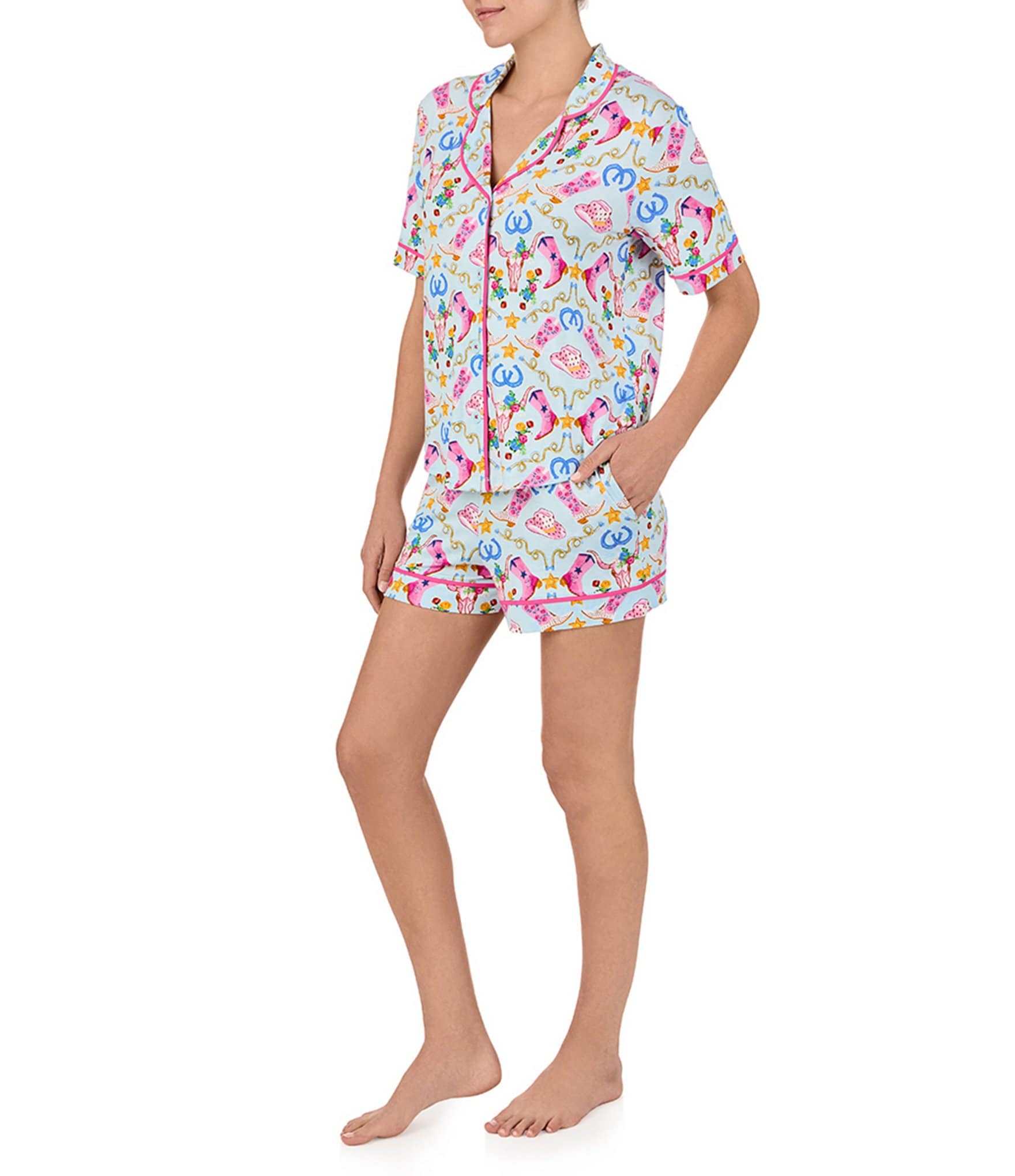 Room Service Western Print Short Sleeve Notch Collar Knit Shorty Pajama Set