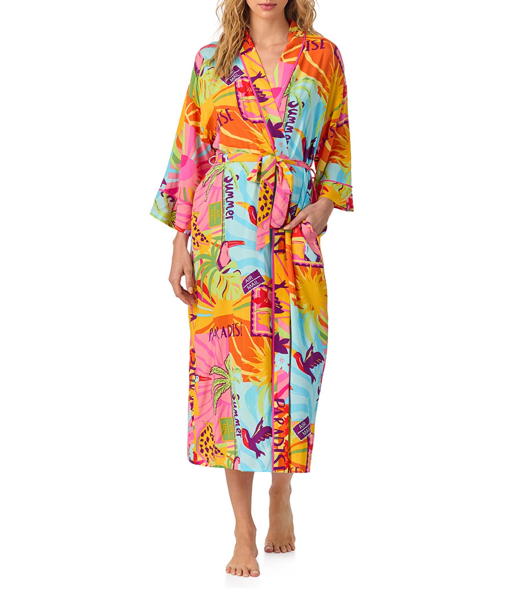 Room Service Woven Sunset Greeting 3/4 Sleeve Maxi Robe