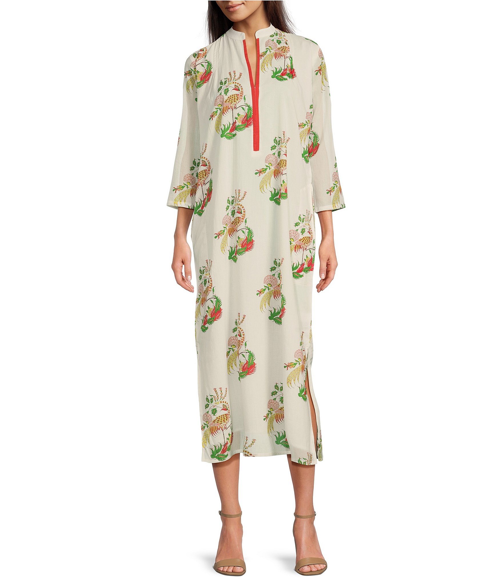 Ro's Garden Asha Floral Print Split V-Neck 3/4 Sleeve Kurta Midi Dress ...