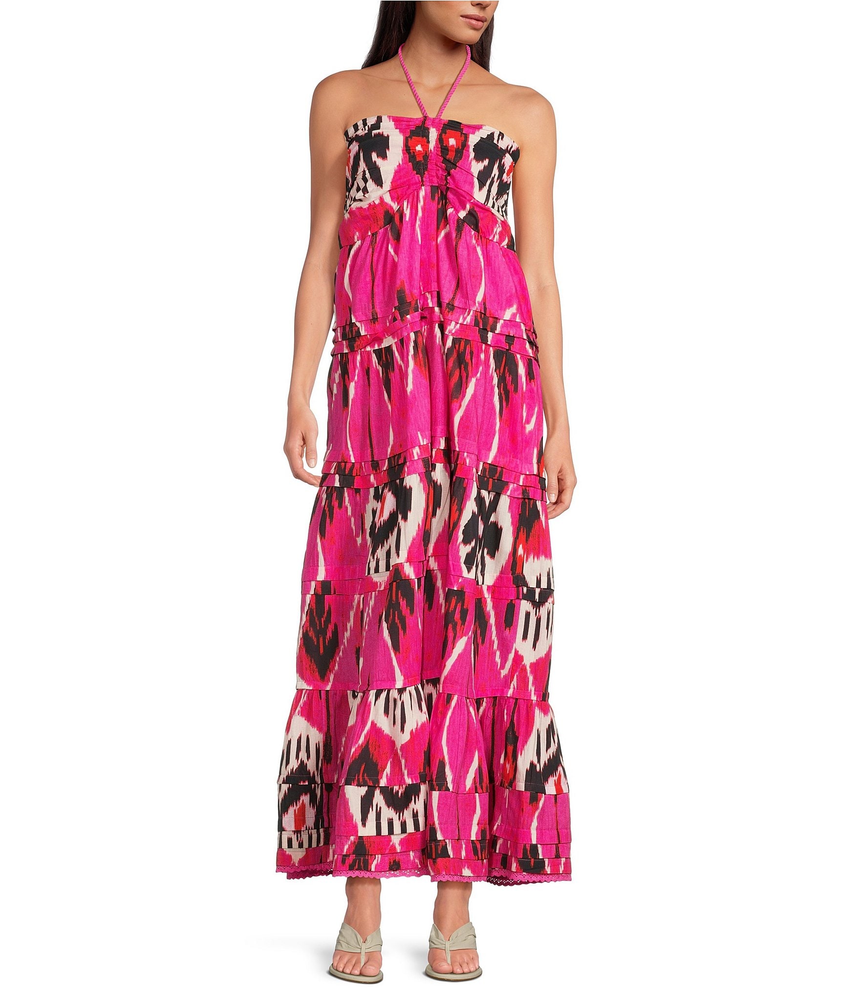 Ro's Garden Denise Tie Halter Gathered Sleeveless Maxi Dress | Dillard's