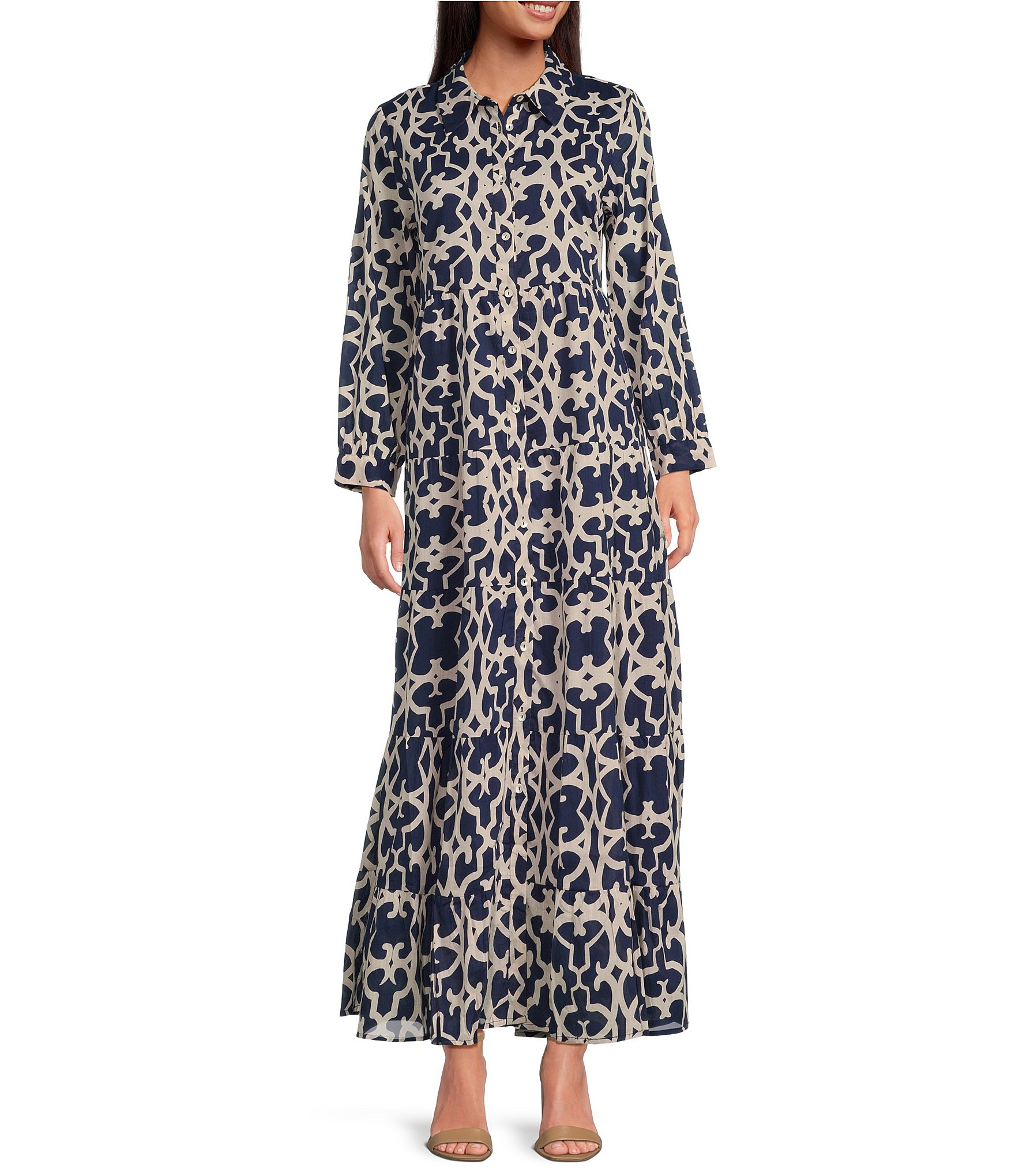 Ro's Garden Jinette Printed Woven Collar Neck Long Sleeve Button Front Tiered Maxi Dress