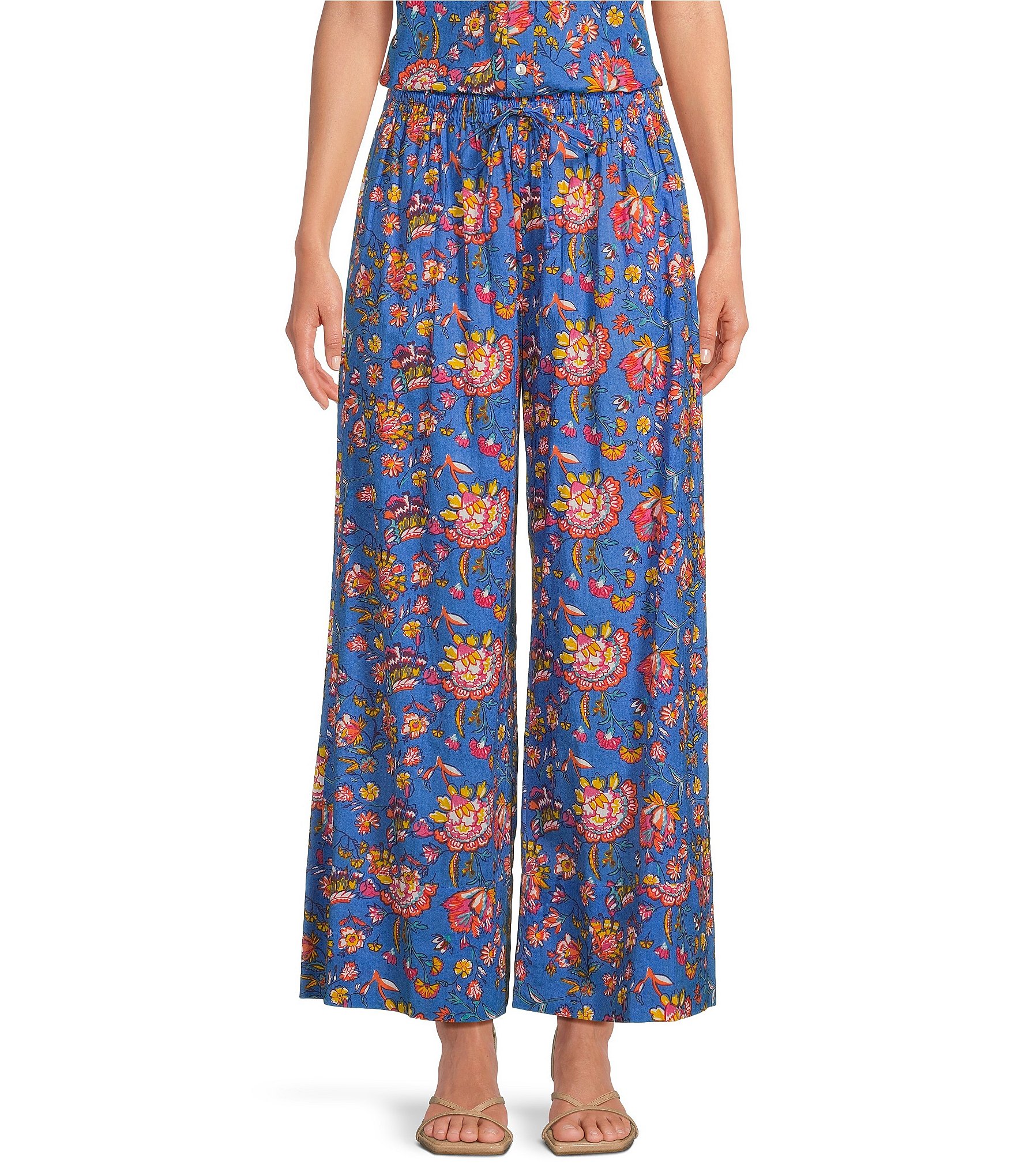 Ro's Garden Nico Woven Floral Print Tie Waist Pull-On Pants