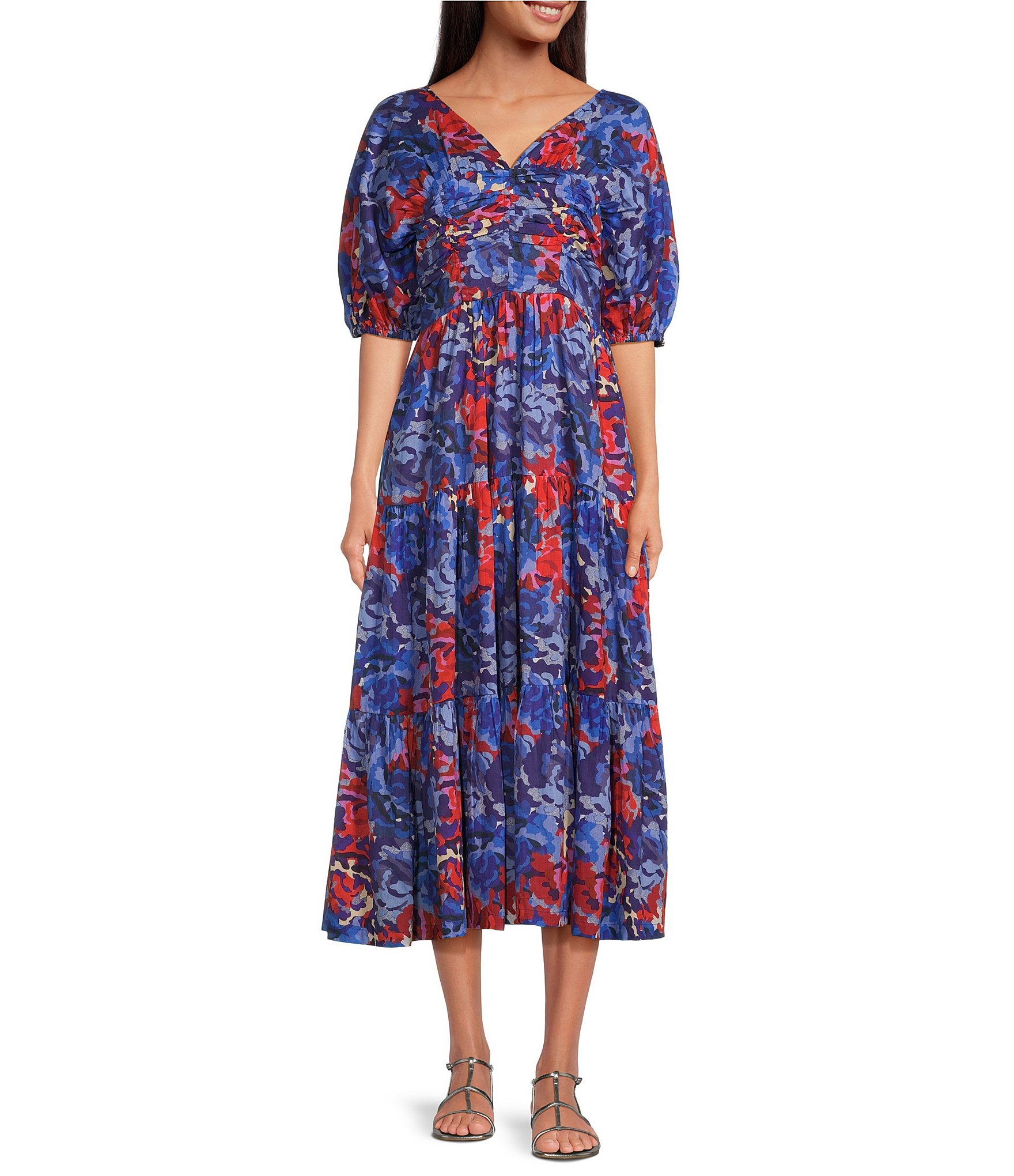 Ro's Garden Nieves V-Neck Draped Chest 3/4 Sleeve Floral Maxi Dress ...