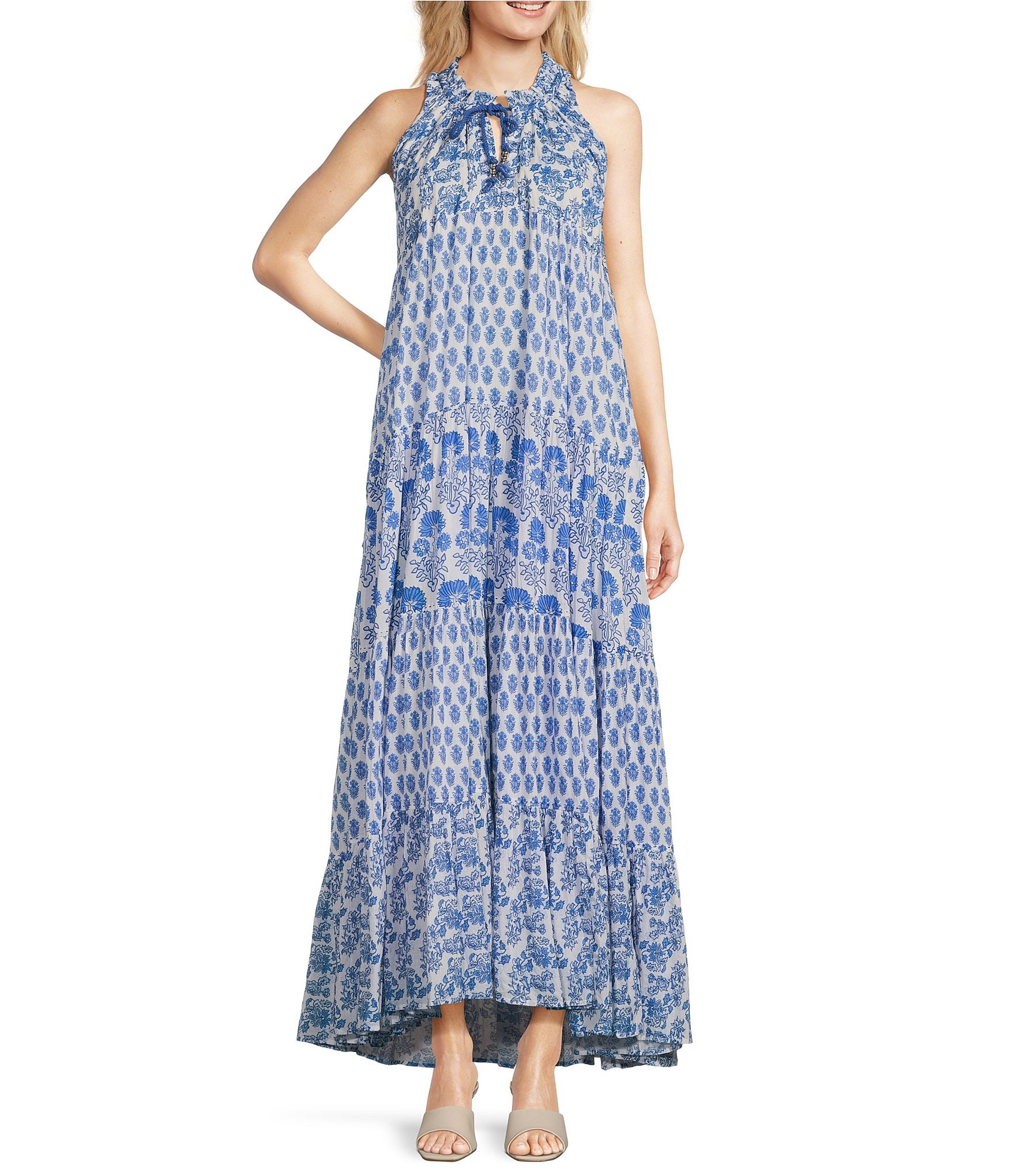 Ro's Garden Sophia Split Tie Neck Sleeveless A-Line Maxi Dress | Dillard's