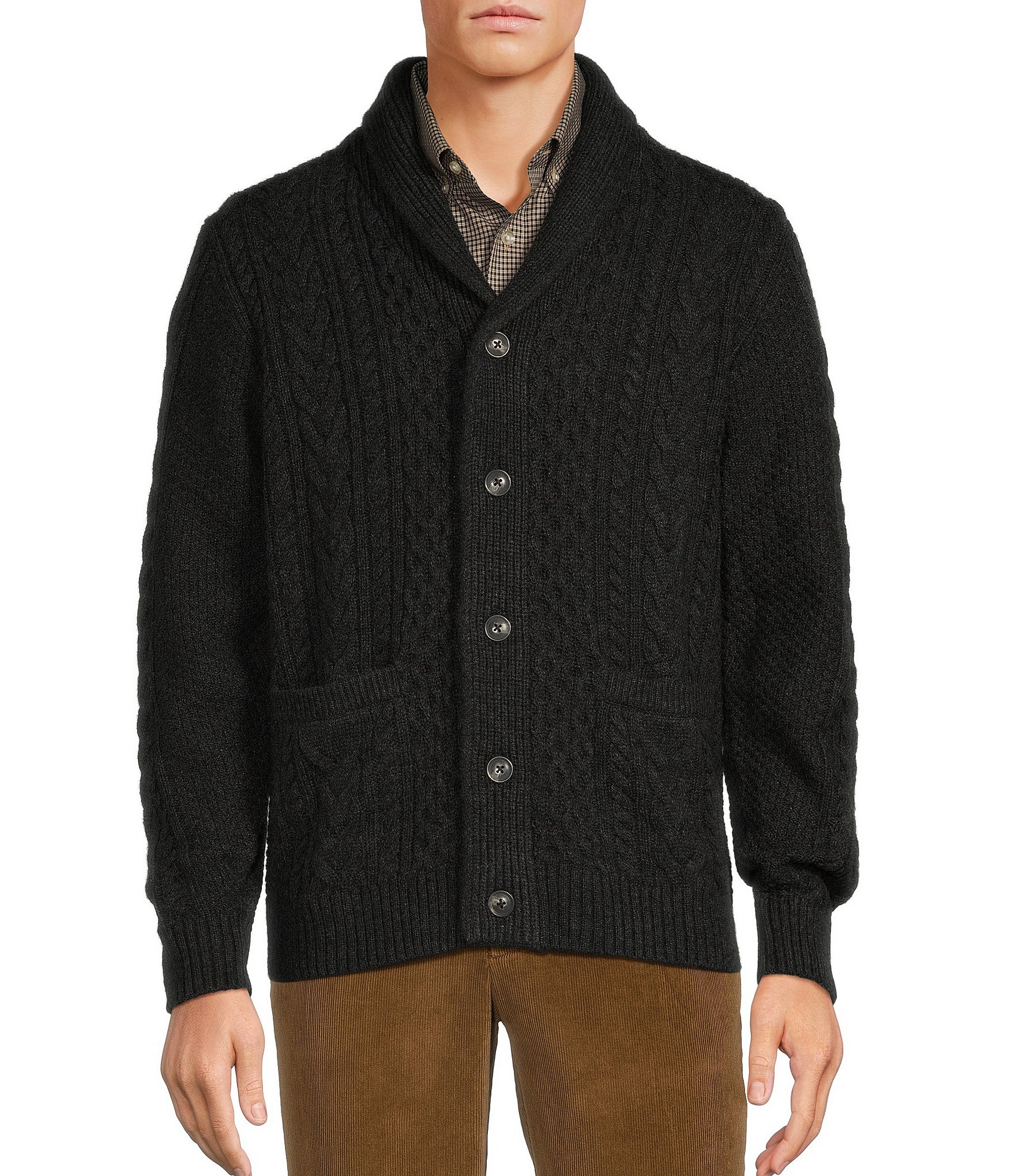 Roundtree & Yorke Big & Tall Long Sleeve Solid Cable Knit Shawl Collar Cardigan