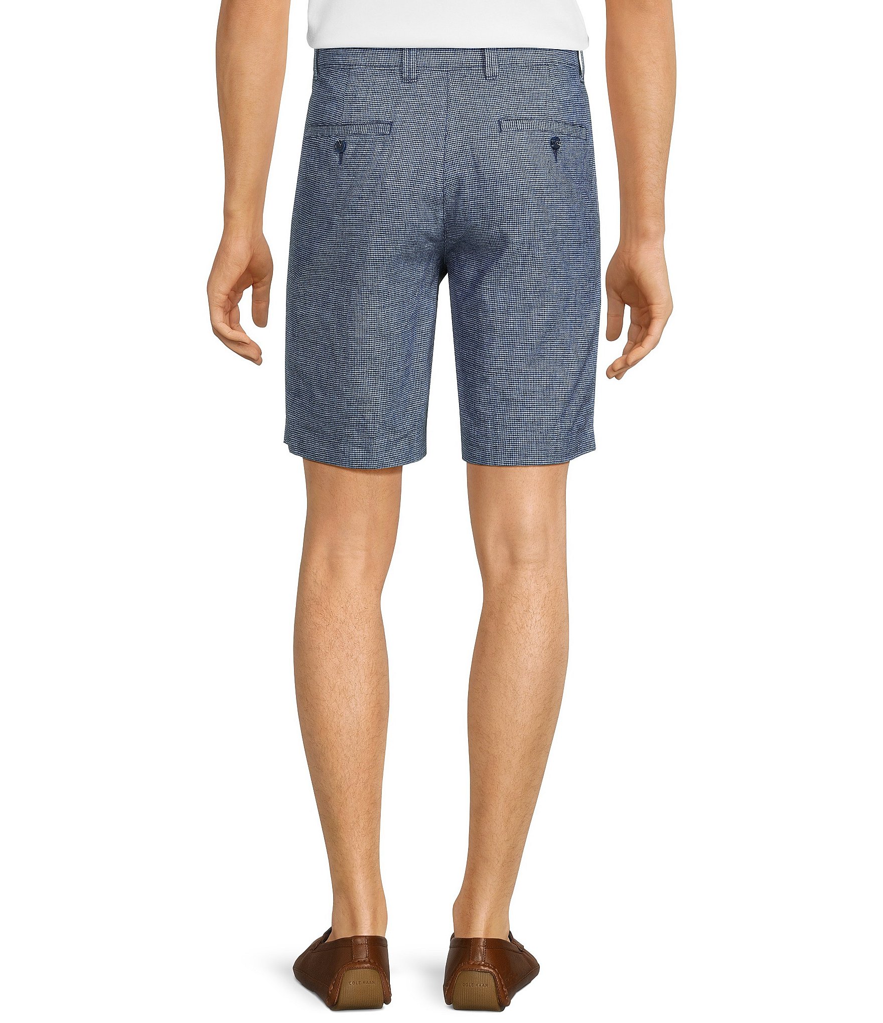 Roundtree & Yorke Casuals Flat Front Classic Fit Linen Houndstooth 9#double; Inseam Shorts