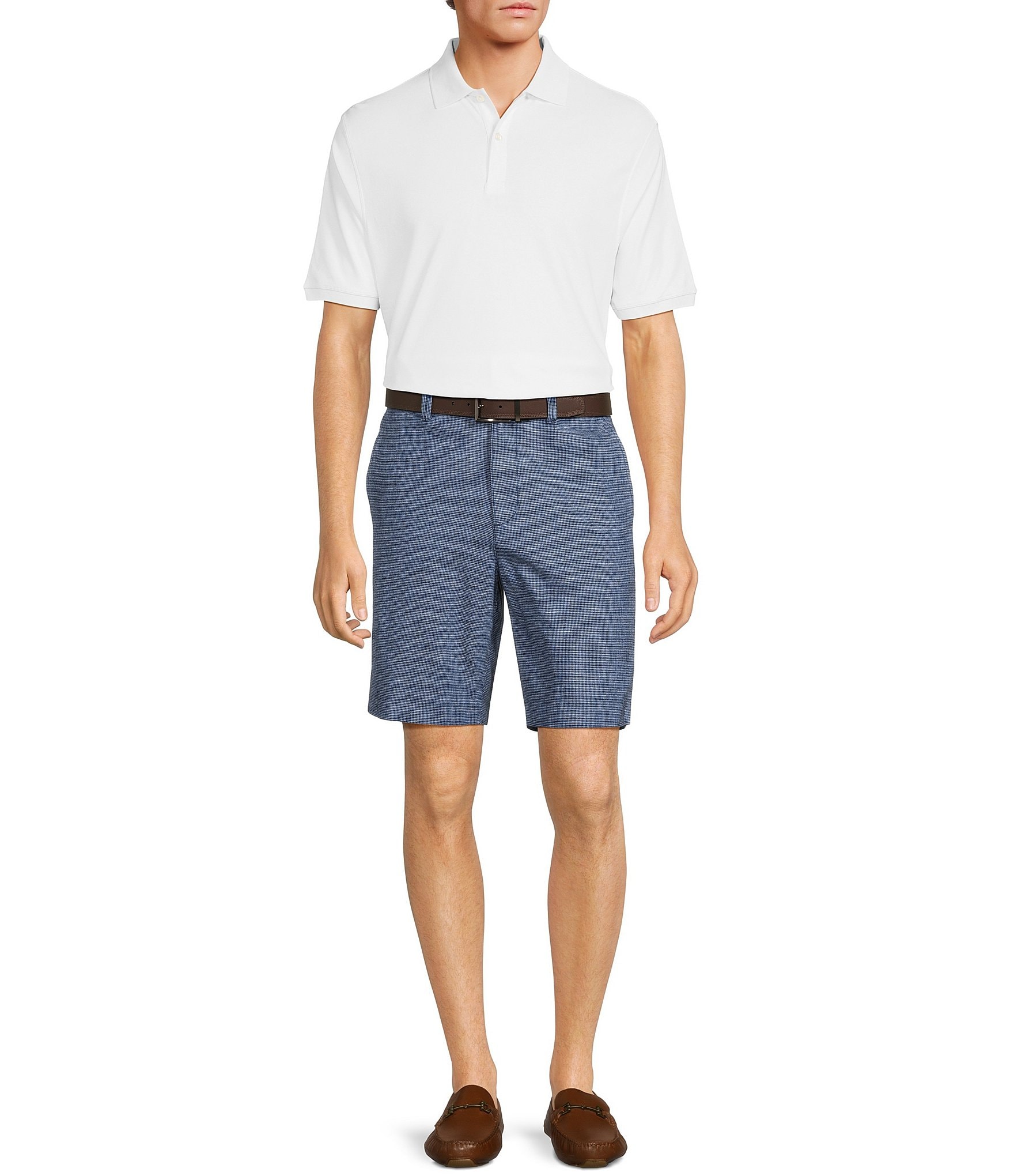 Roundtree & Yorke Casuals Flat Front Classic Fit Linen Houndstooth 9#double; Inseam Shorts